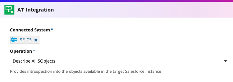 screenshot of the Describe All SObjects operation selected in a Salesforce integration object
