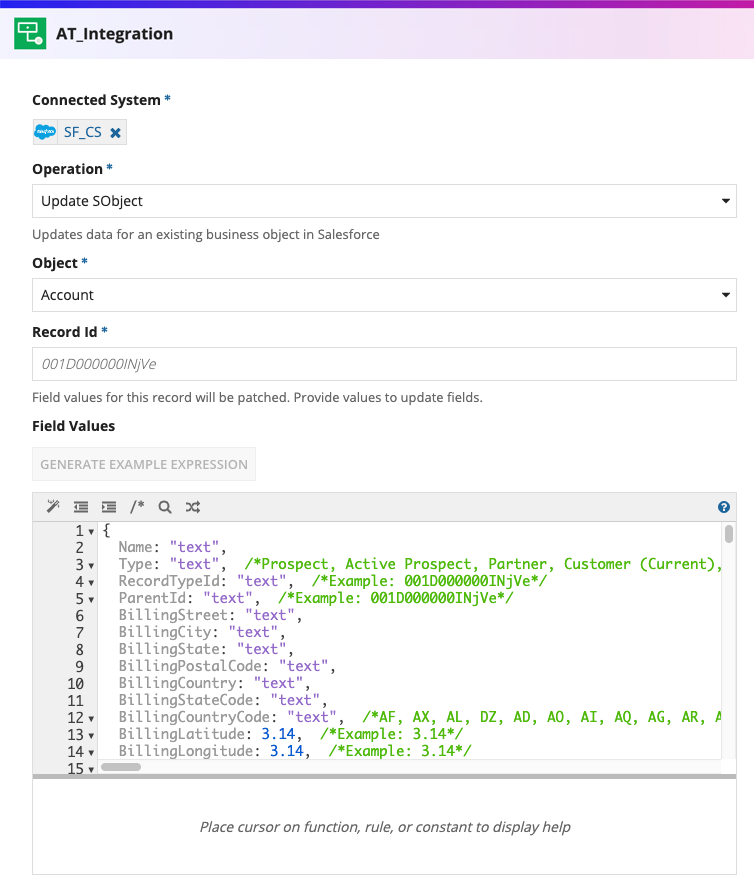 screenshot of the Update SObject operation selected in a Salesforce integration object