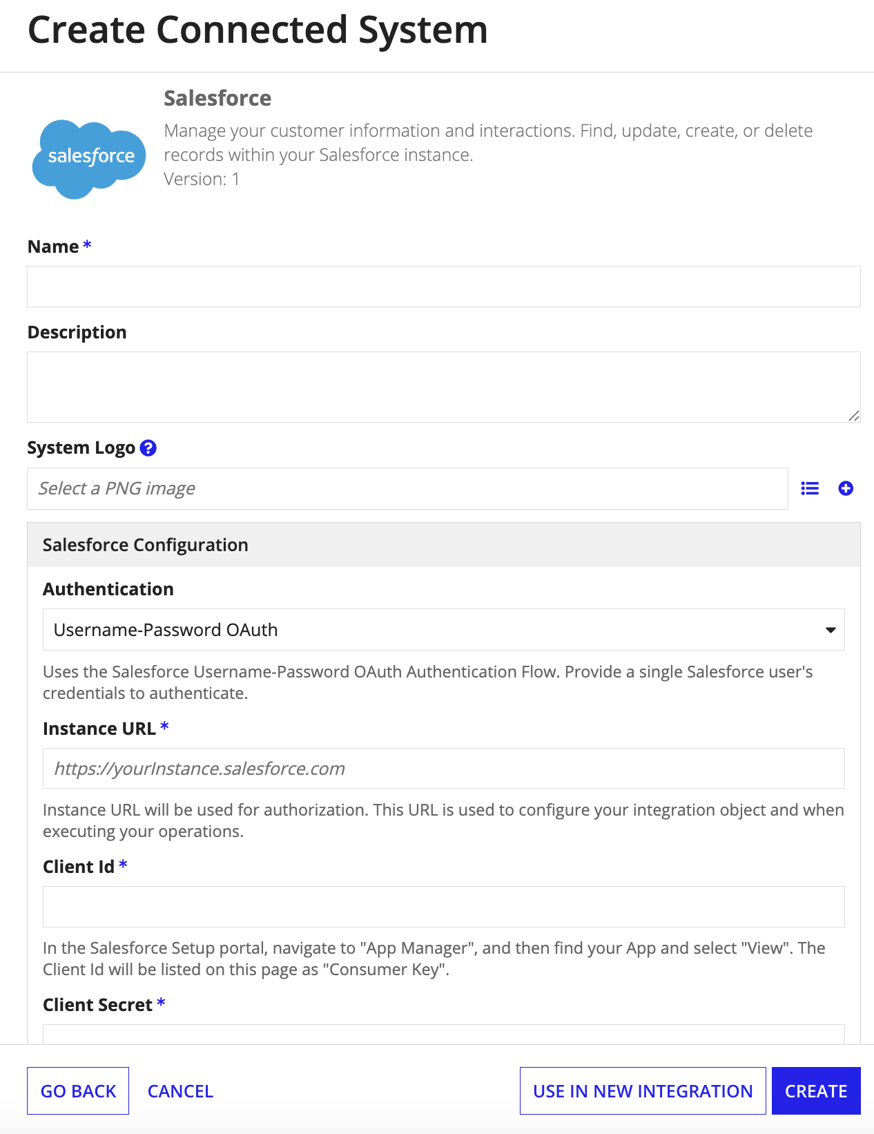 screenshot of the User-Password OAuth method of authentication selected in a Salesforce connected system object
