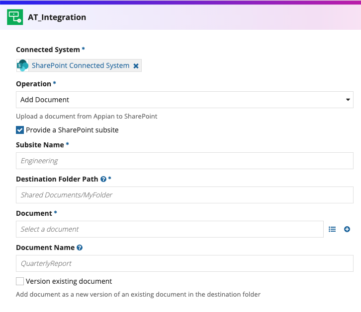 screenshot of the Add Document operation selected in an integration object