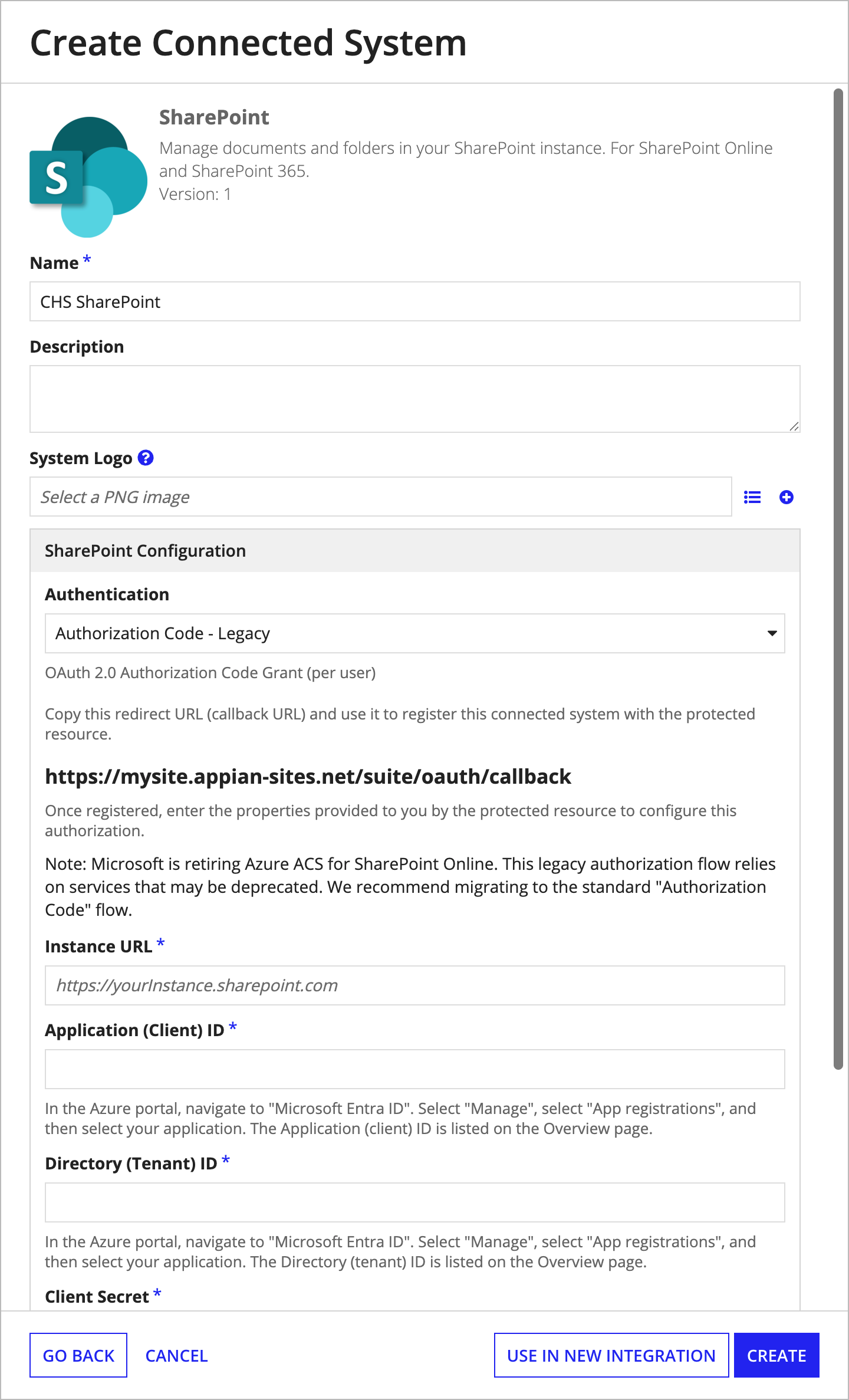 screenshot of a Sharepoint connected system object with the Authorization Code method of authentication selected
