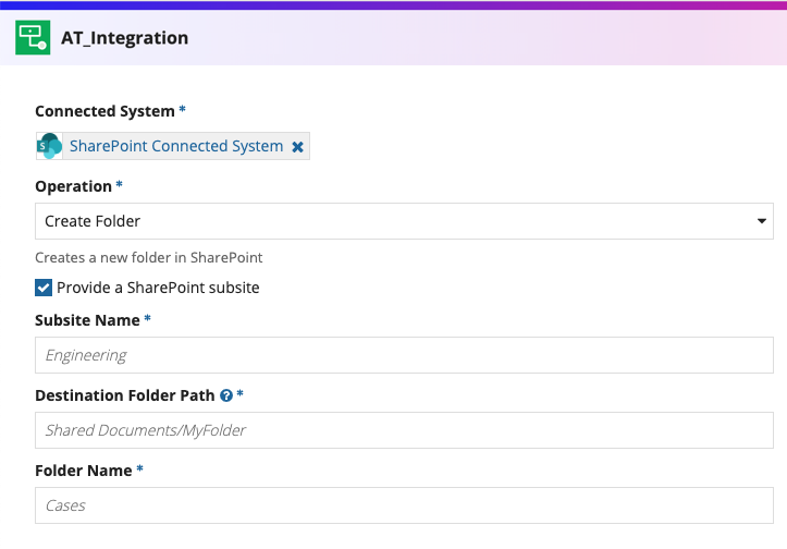 screenshot of the Create Folder operation selected in an integration object