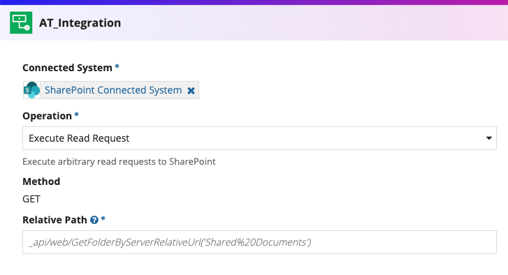 screenshot of the Execute Read Request operation selected in an integration object