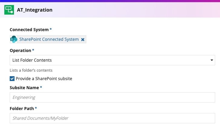 screenshot of the List Folder Contents operation selected in an integration object