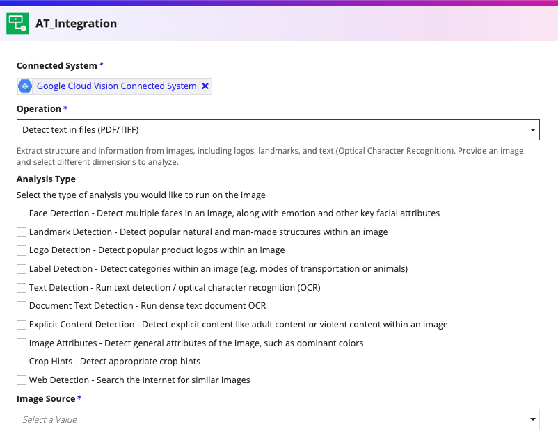 screenshot of Detect text in files operation selected in an integration object