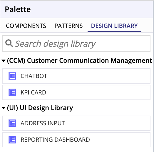 Design Library tab in Palette pane of an interface object