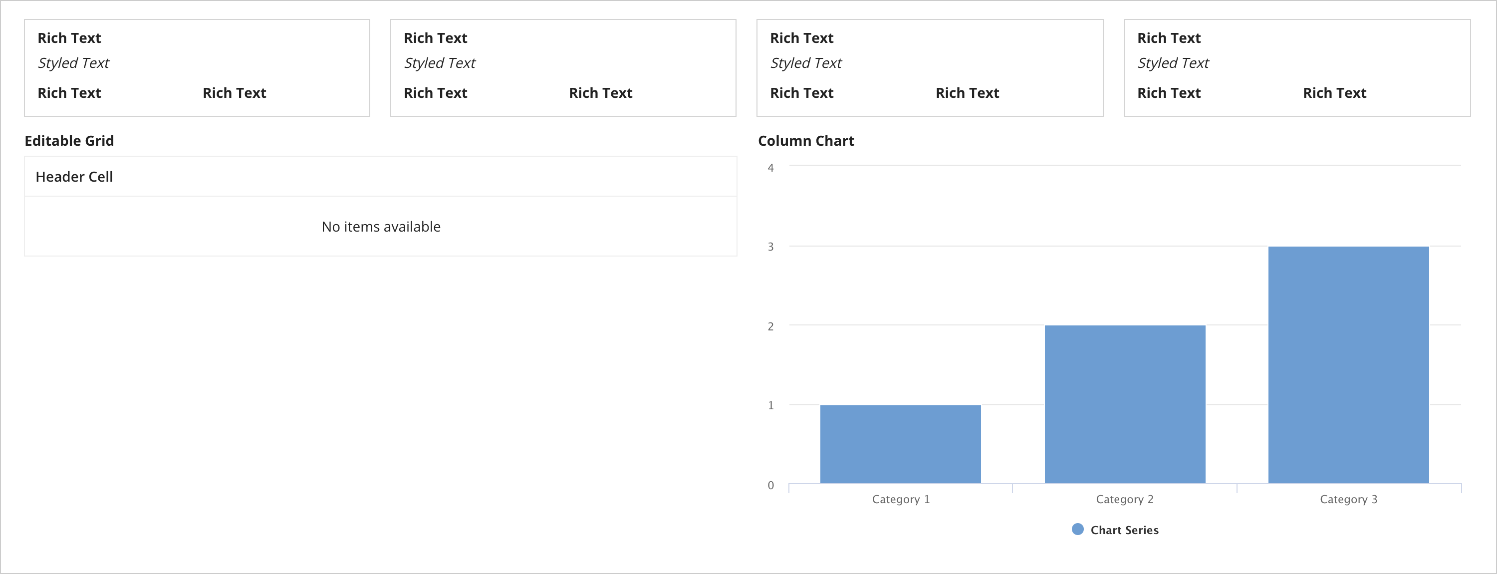 Example of live view displaying Rich Text, Editable Grid, and Column Chart components