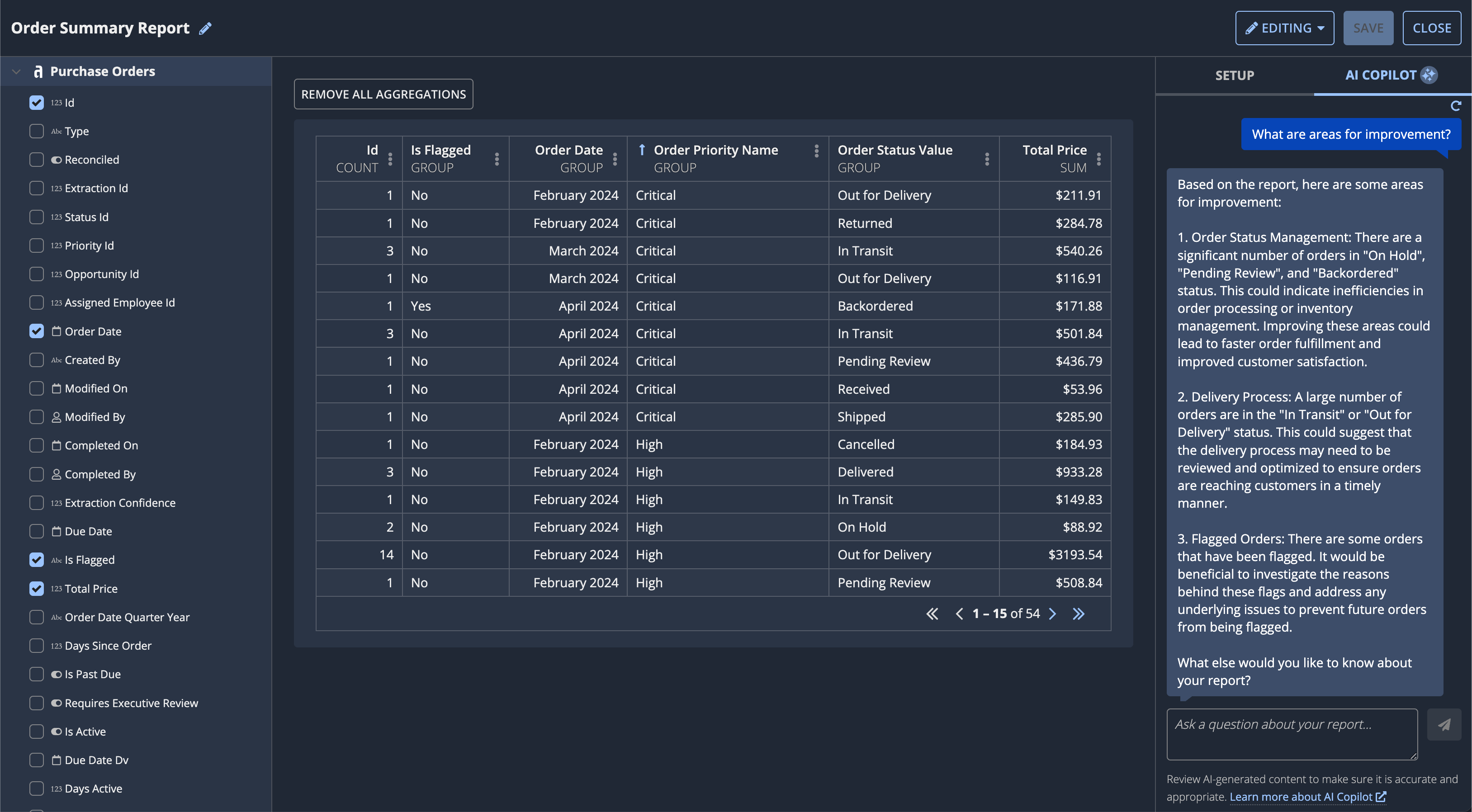 AI Copilot for reports showing suggested questions and insights about report data.