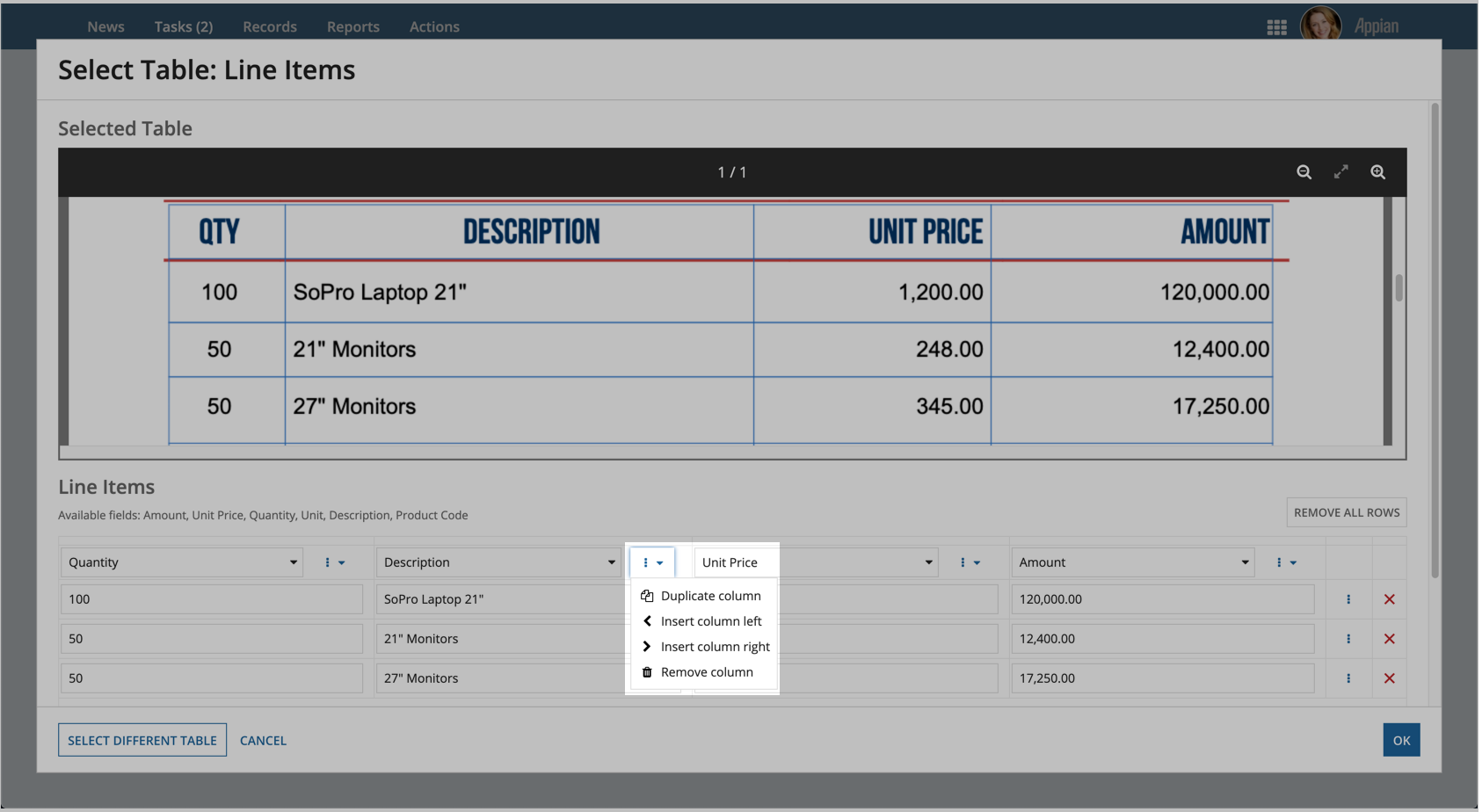 Column menu showing options to duplicate, insert, or remove columns.