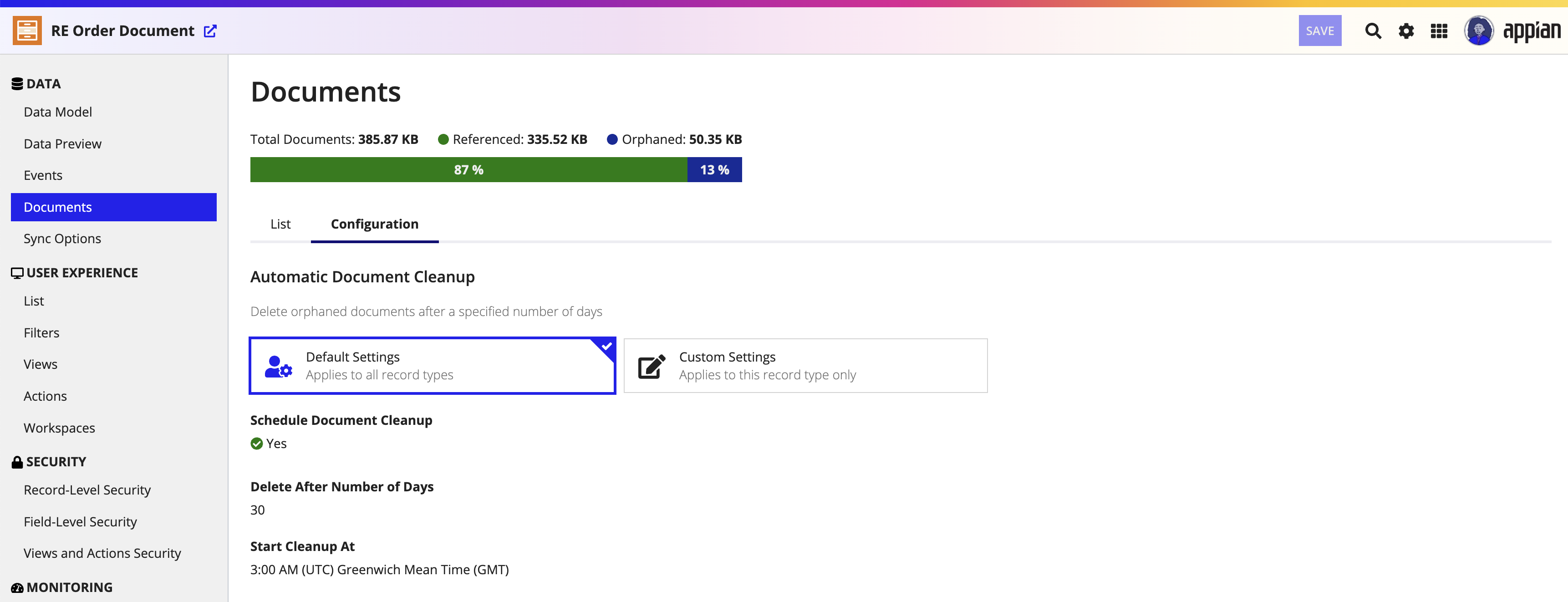 Configurations tab in the Document page in the record type object