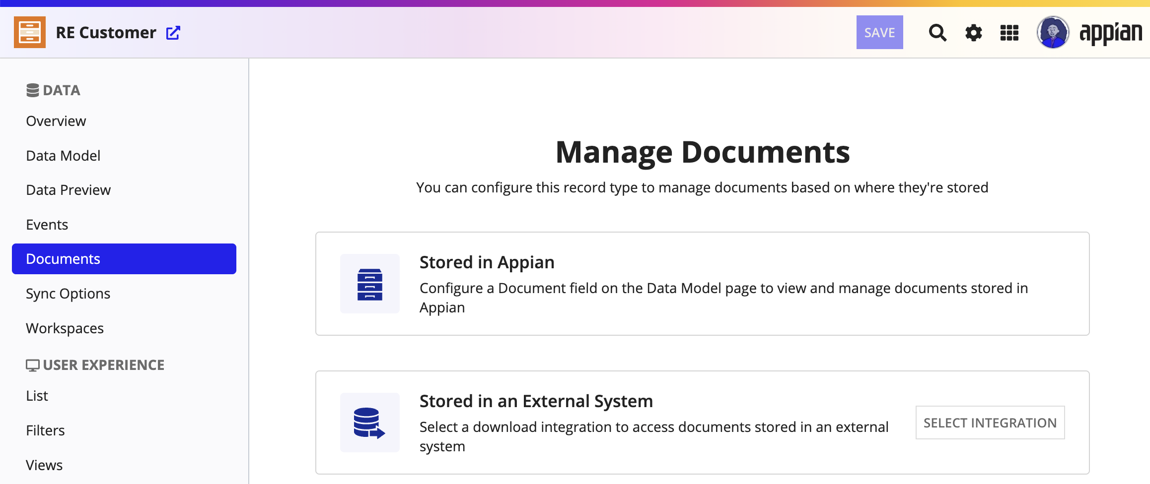 The Documents page in the record type design view