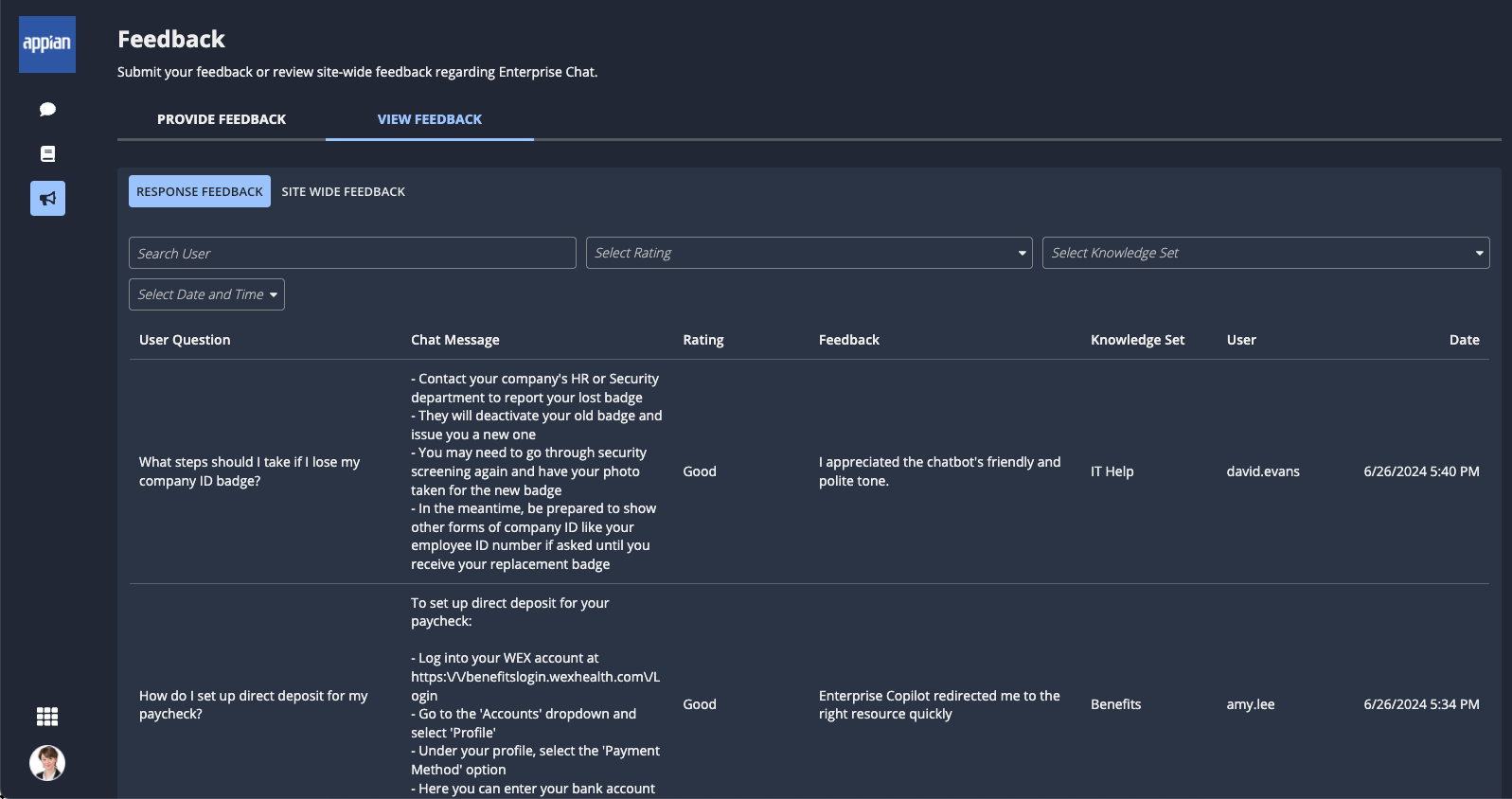 Administrator view of the feedback dashboard showing response and site-wide feedback options.