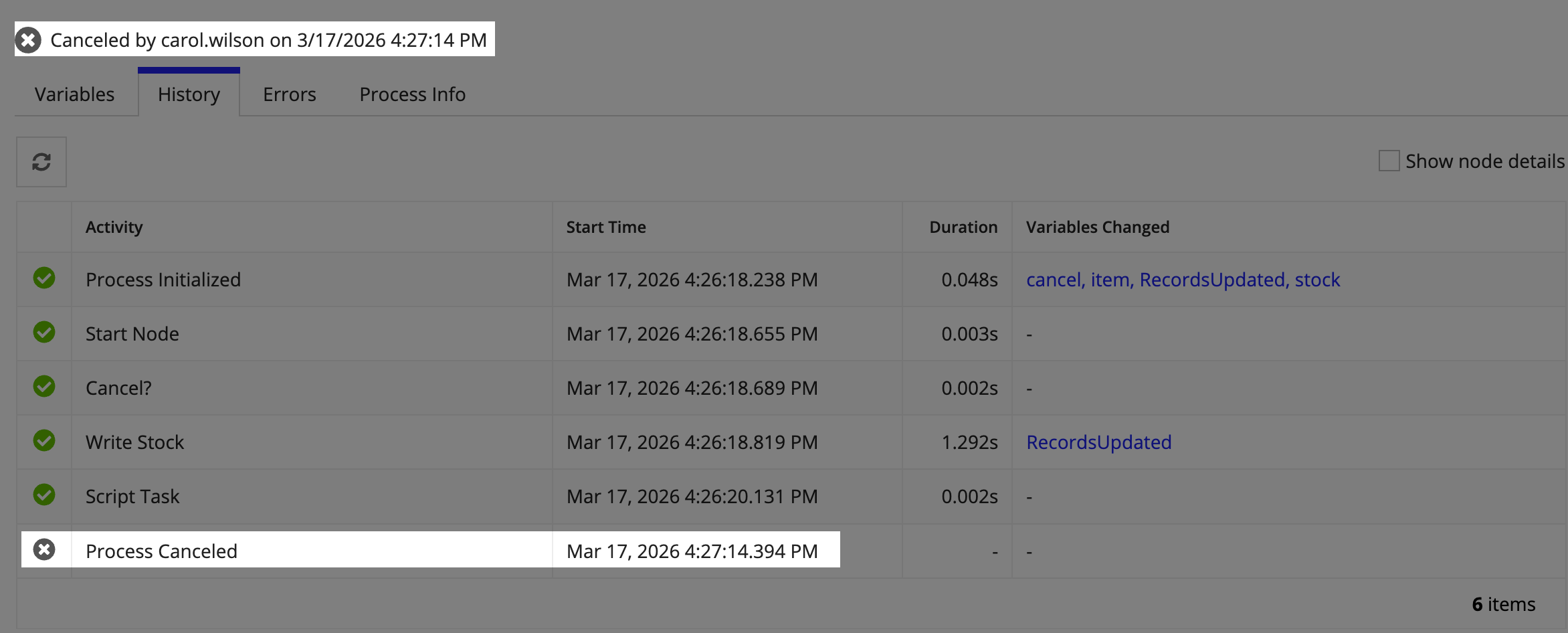Autoscaled process activity tab with the Process Canceled row highlighted