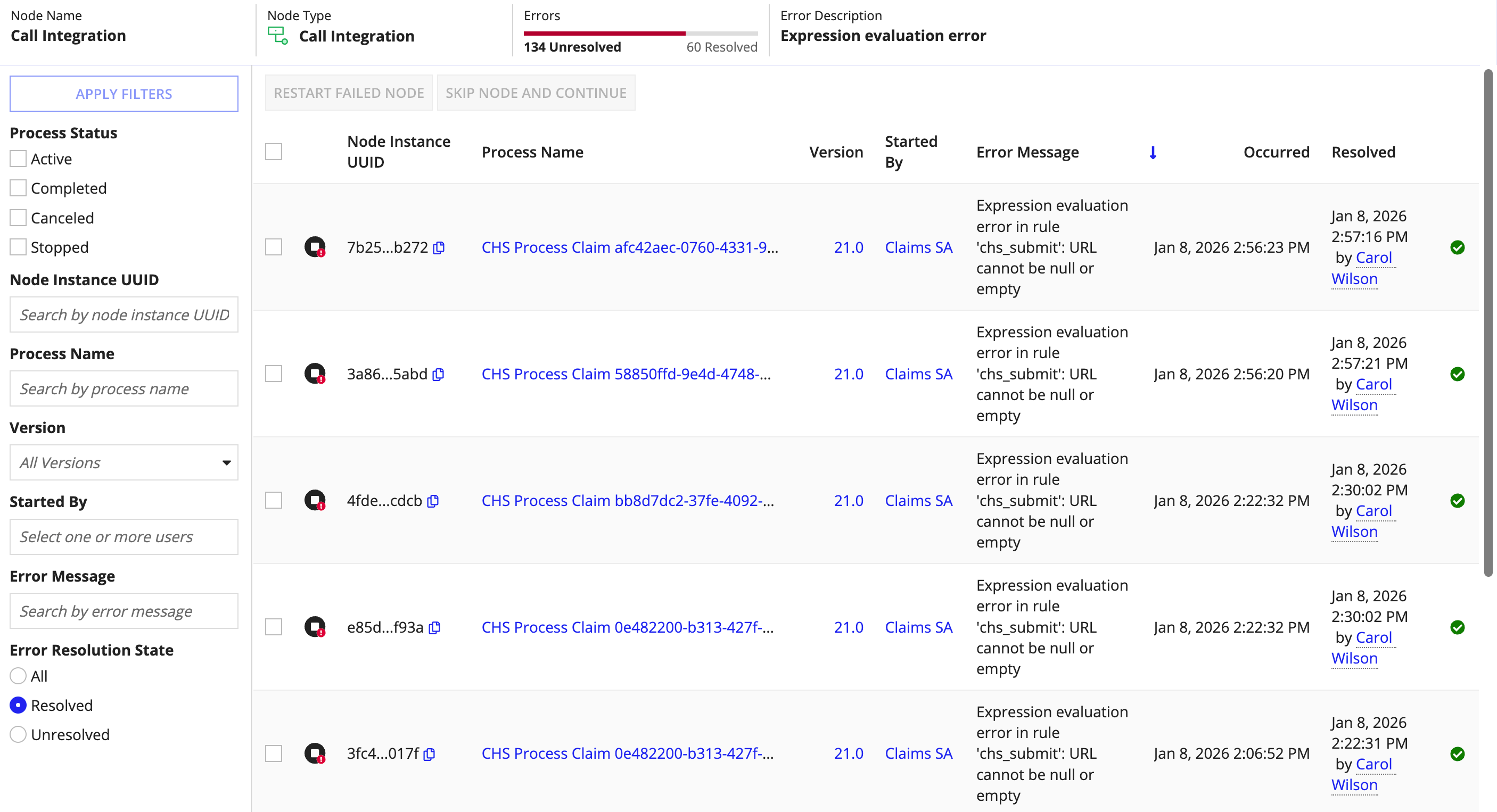 Error dashboard filtered to show only Resolved errors