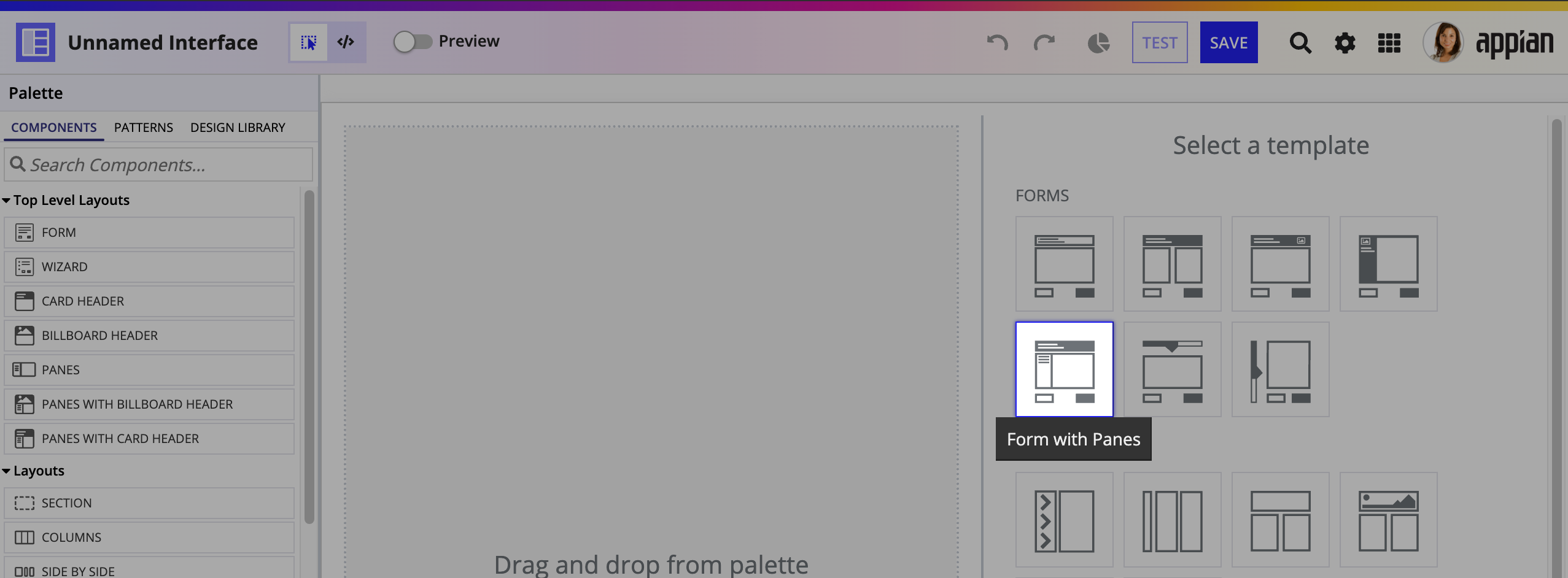 screenshot of how to select form with panes template in an interface object