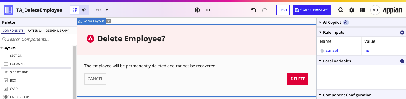 generated delete employee interface
