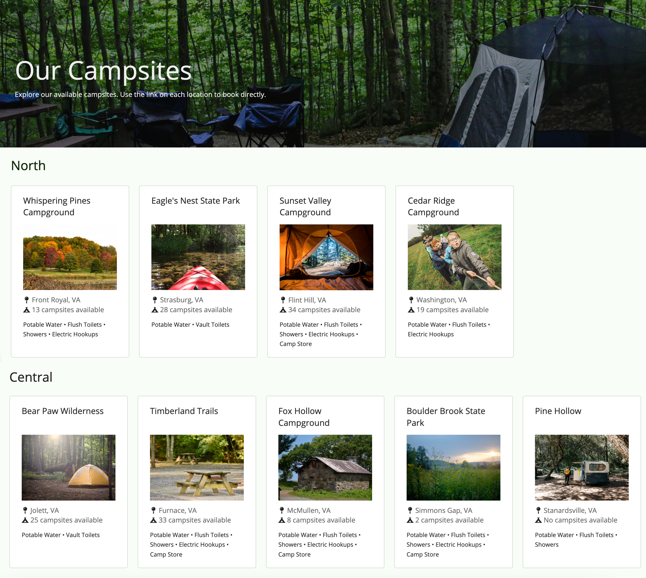Screenshot of a full campsite interface with cards and multiple heading components
