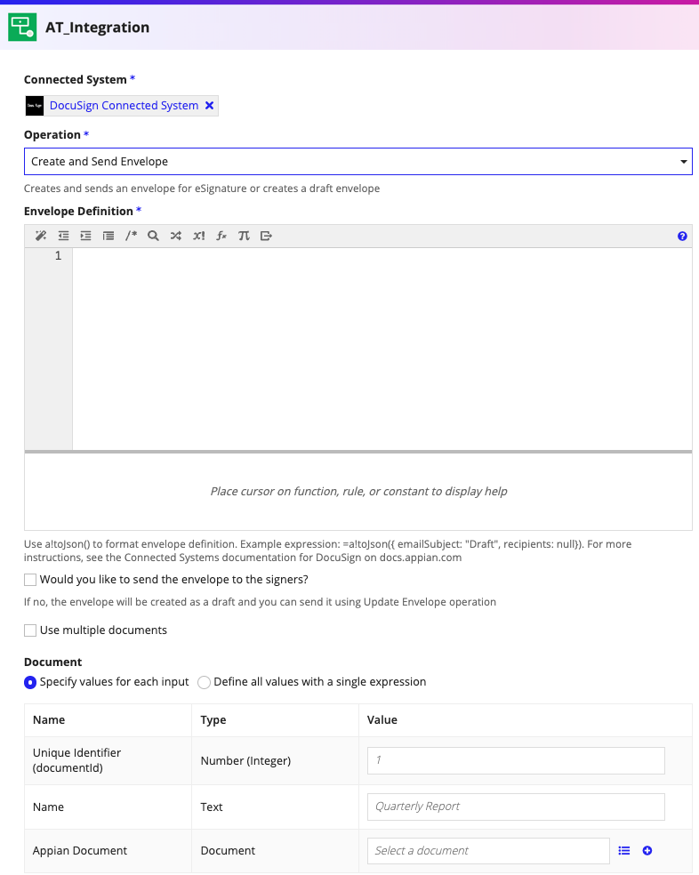 screenshot of the Create and Send Envelope operation selected in a DocuSign integration object