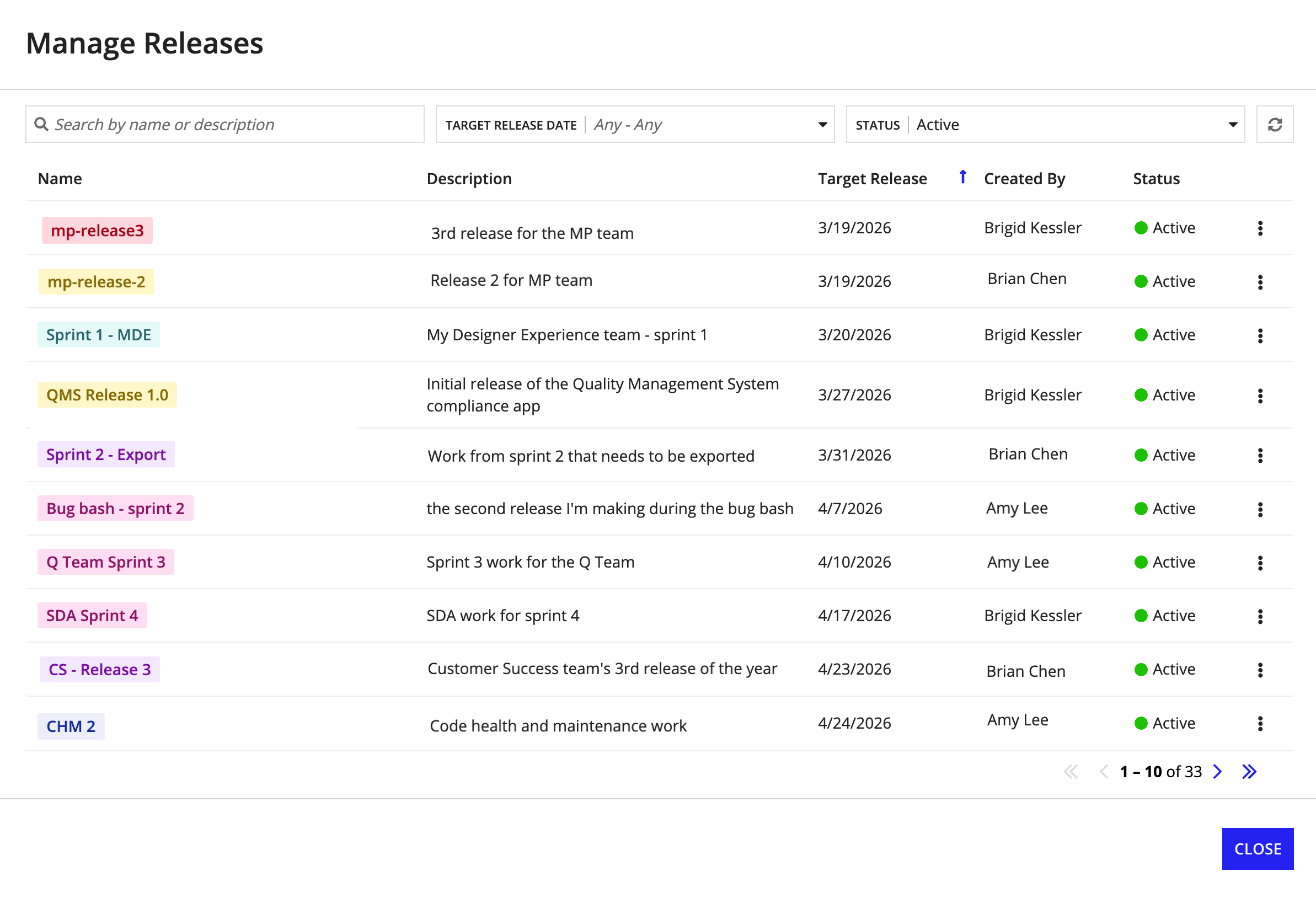 shows the Manage Releases dialog