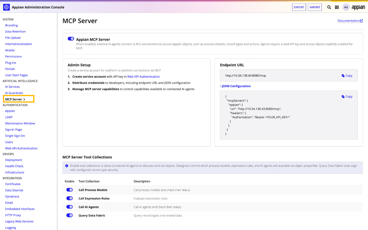 screenshot showing MCP tab in the admin console