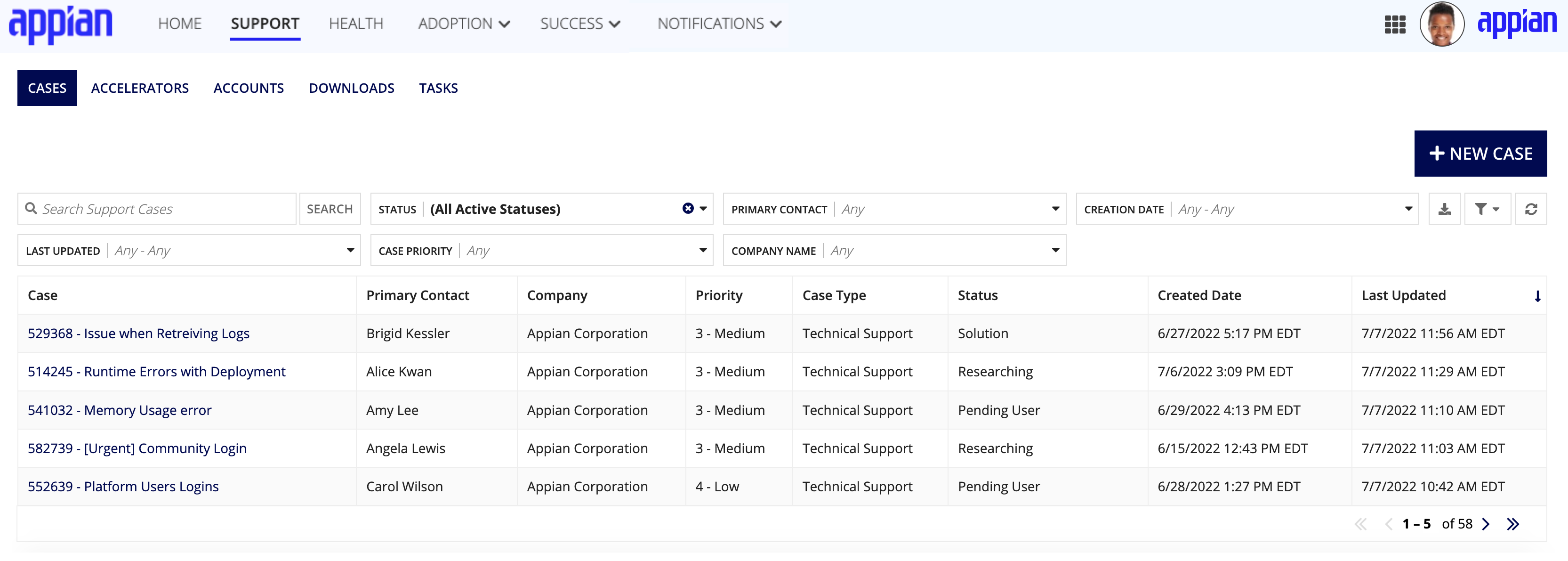screenshot of the MyAppian Cases page on the Support Tab