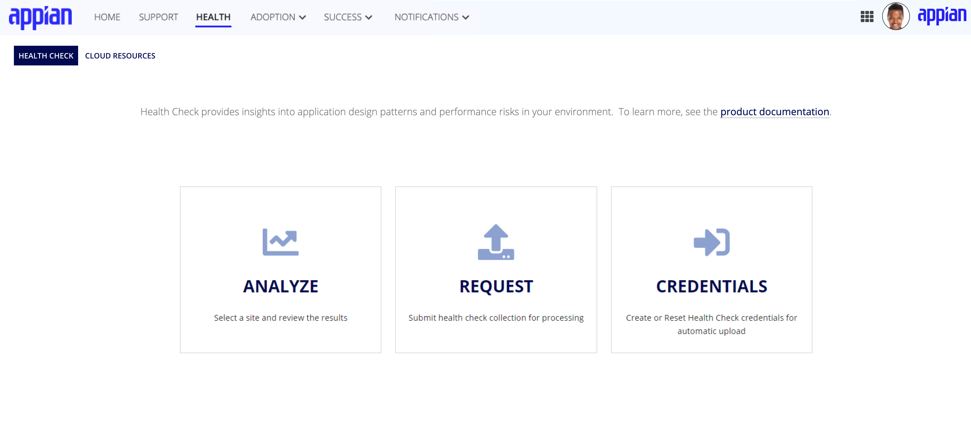 screenshot of the MyAppian Health Check page on the Health tab