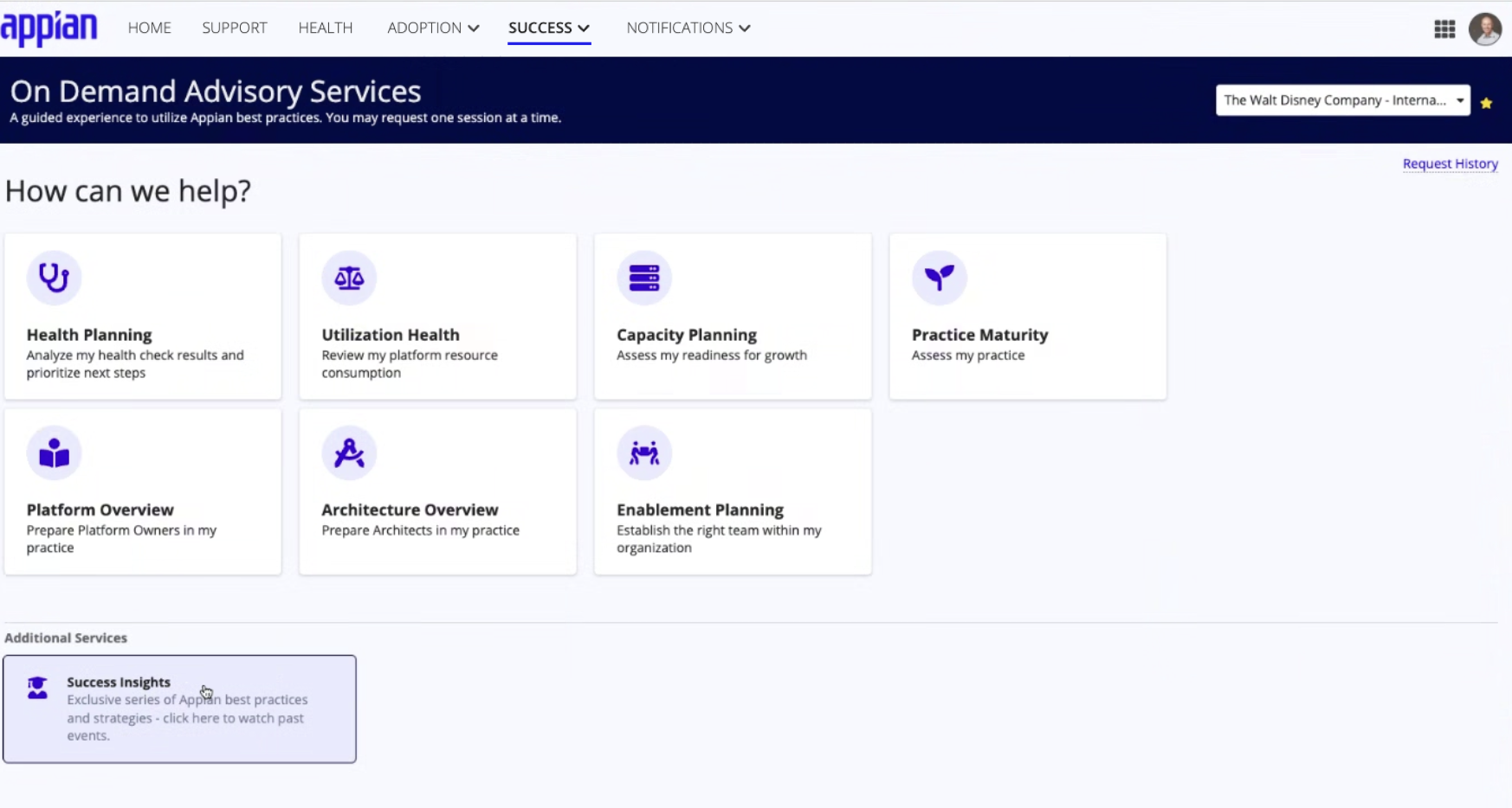 screenshot of the MyAppian On Demand Advisory Services page on the Success tab