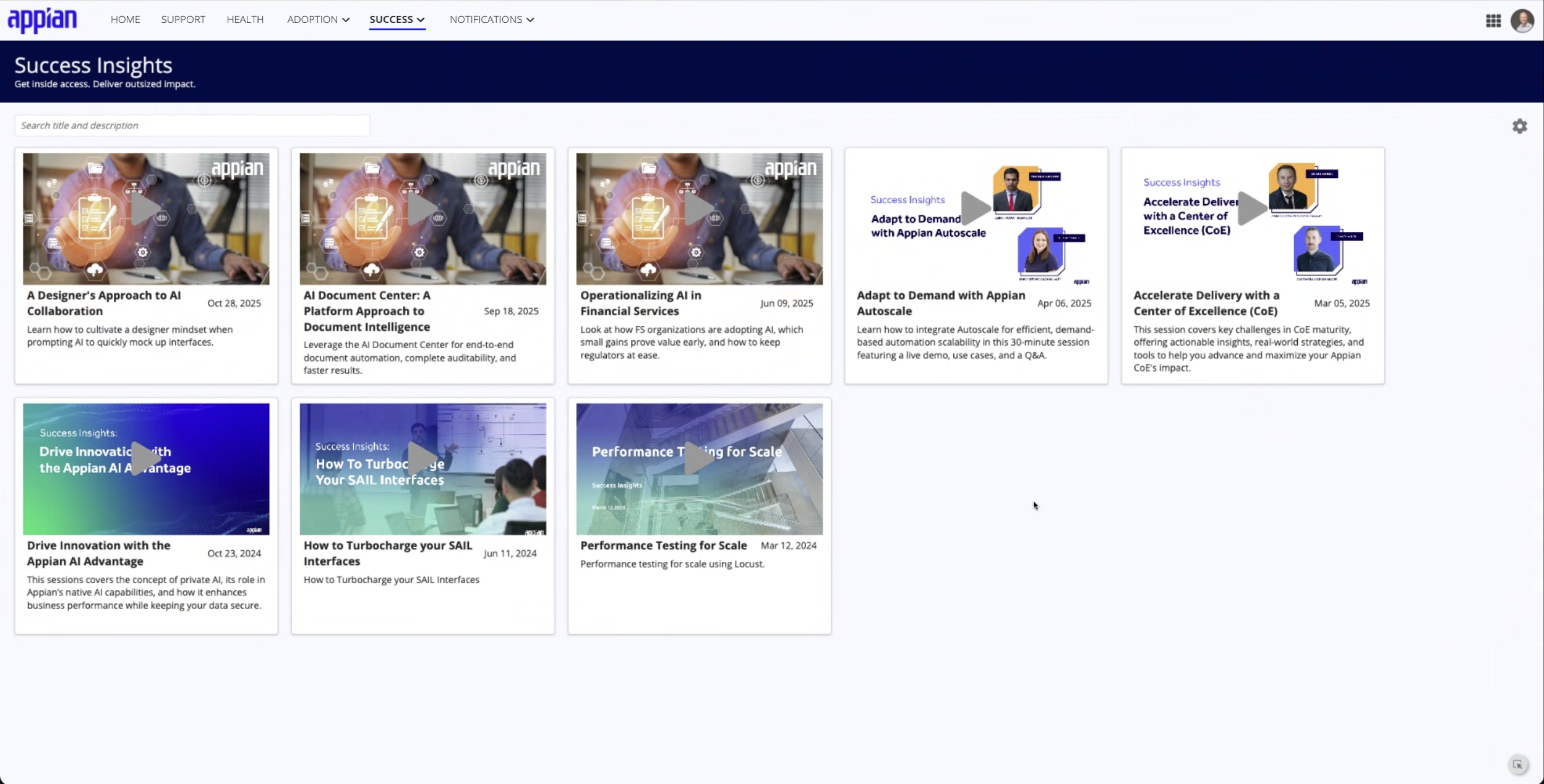 screenshot of the MyAppian Success Insights page on the Success tab