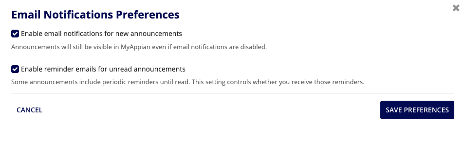 Email Notification Preferences dialog for announcements