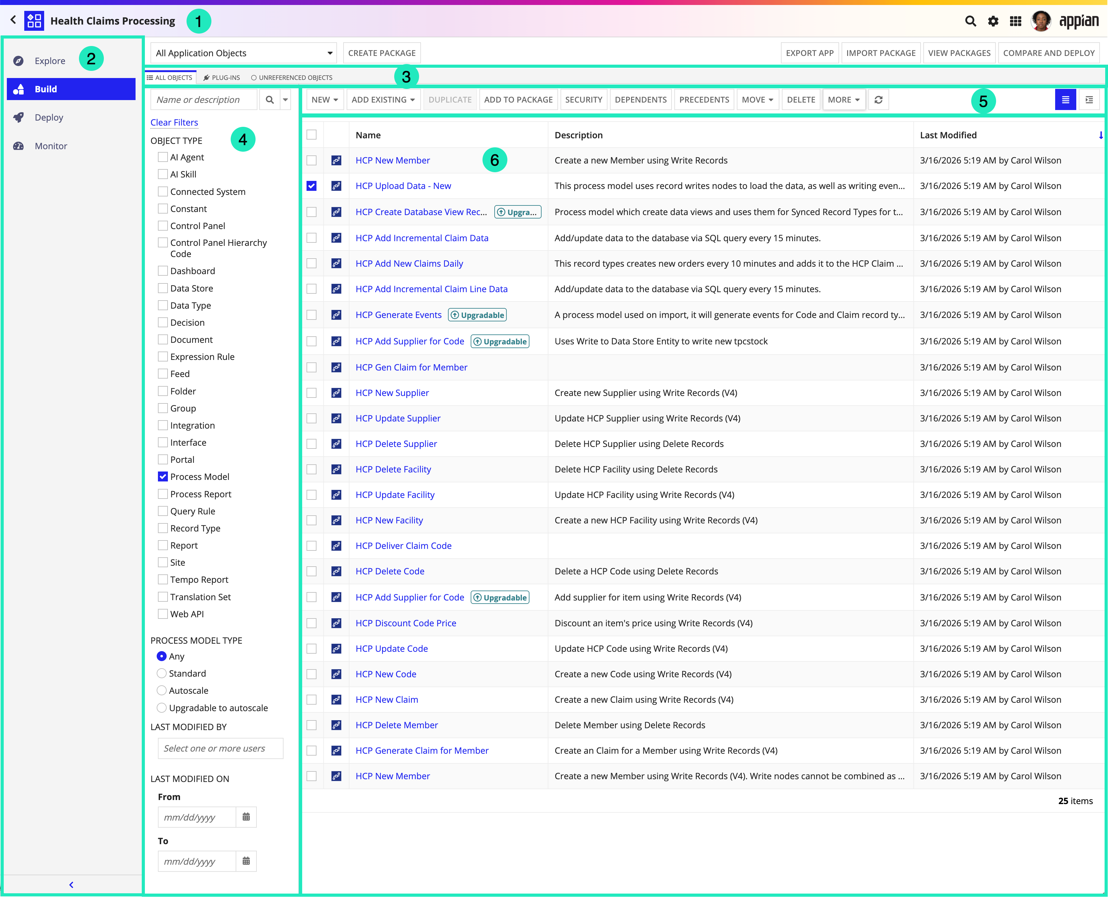 screenshot of the Objects view in Appian Designer