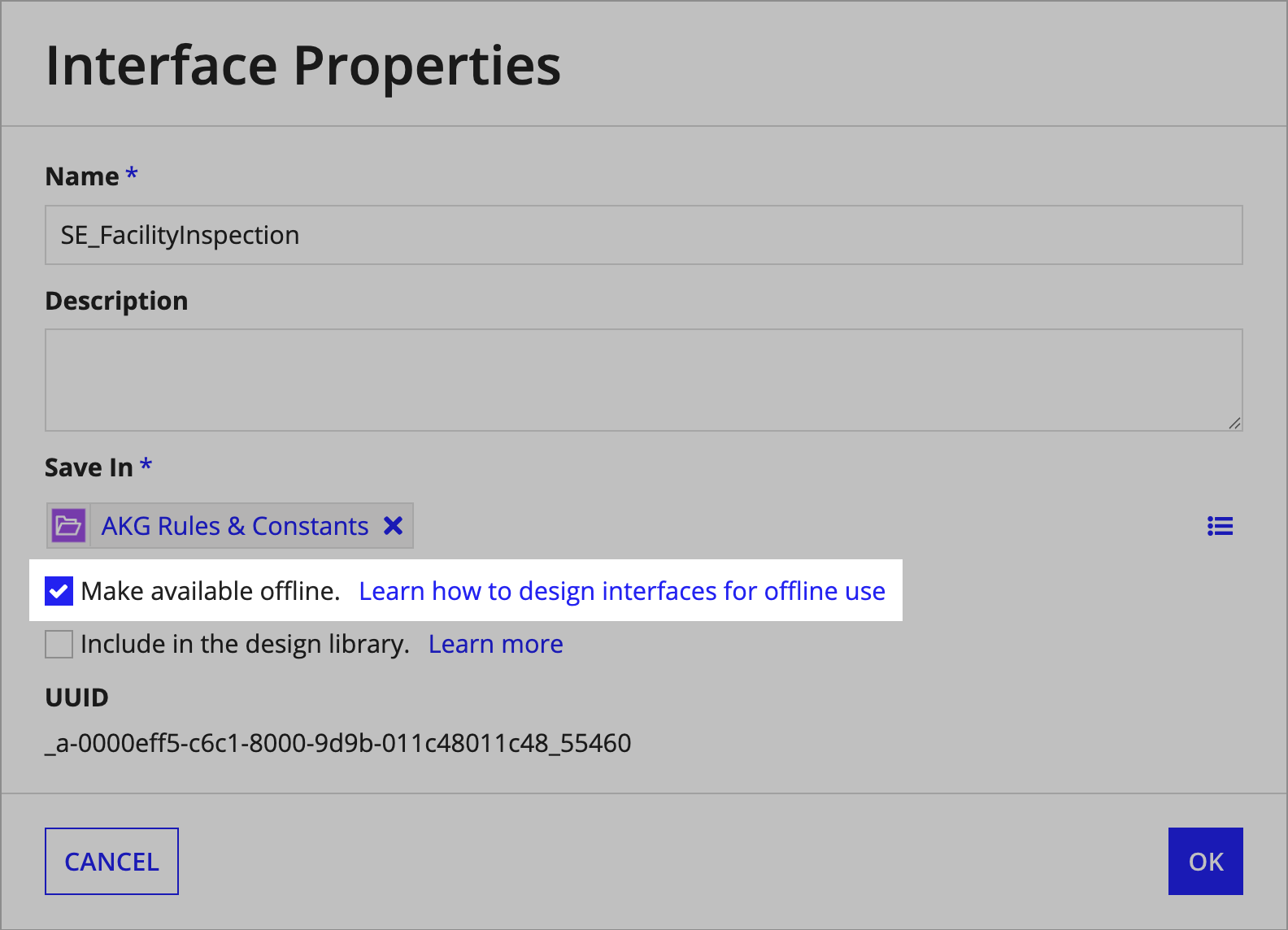screenshot of the interface properties dialog with the "Make Available Offline" checkbox selected