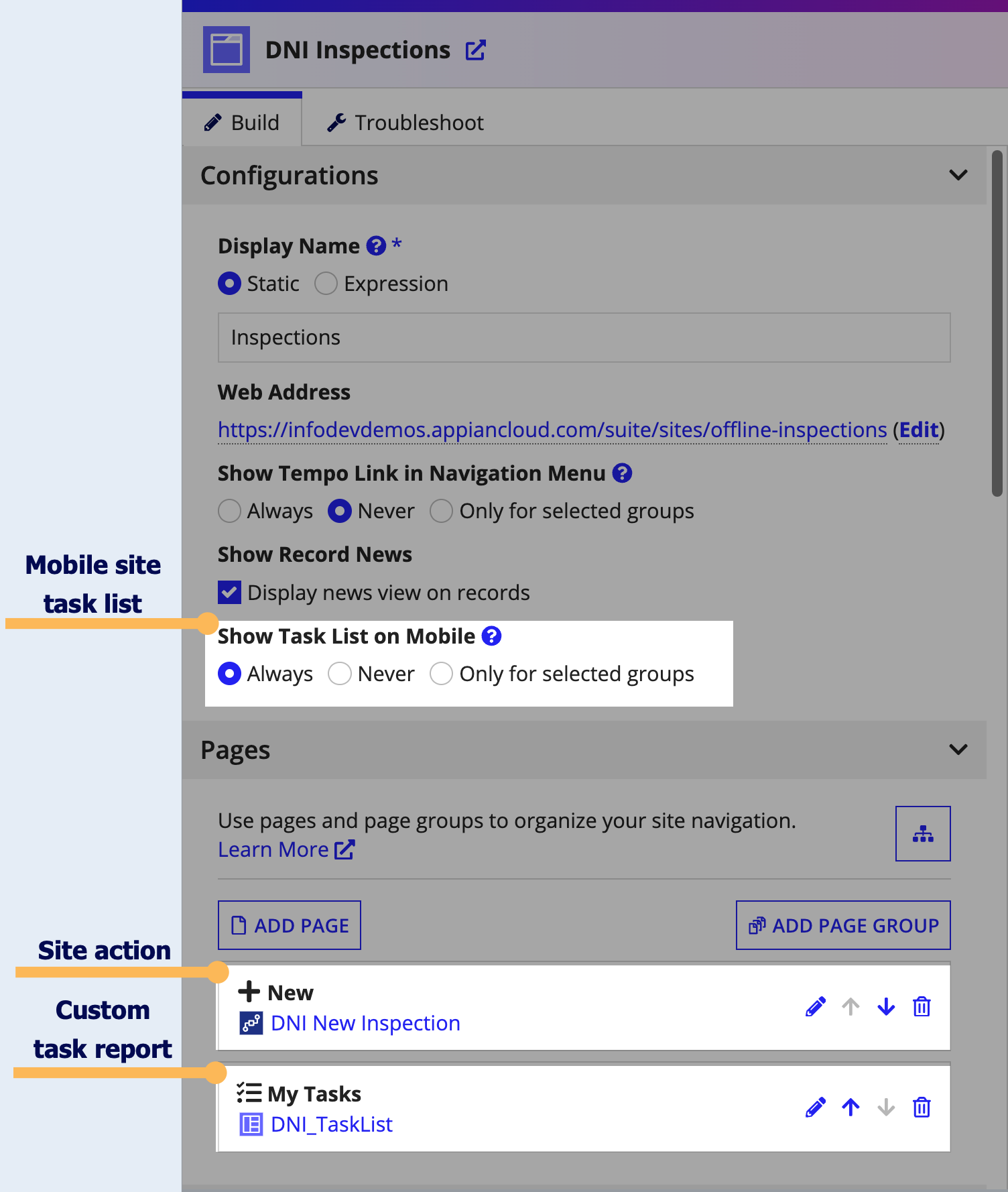 screenshot showing selecting an offline form as a site page