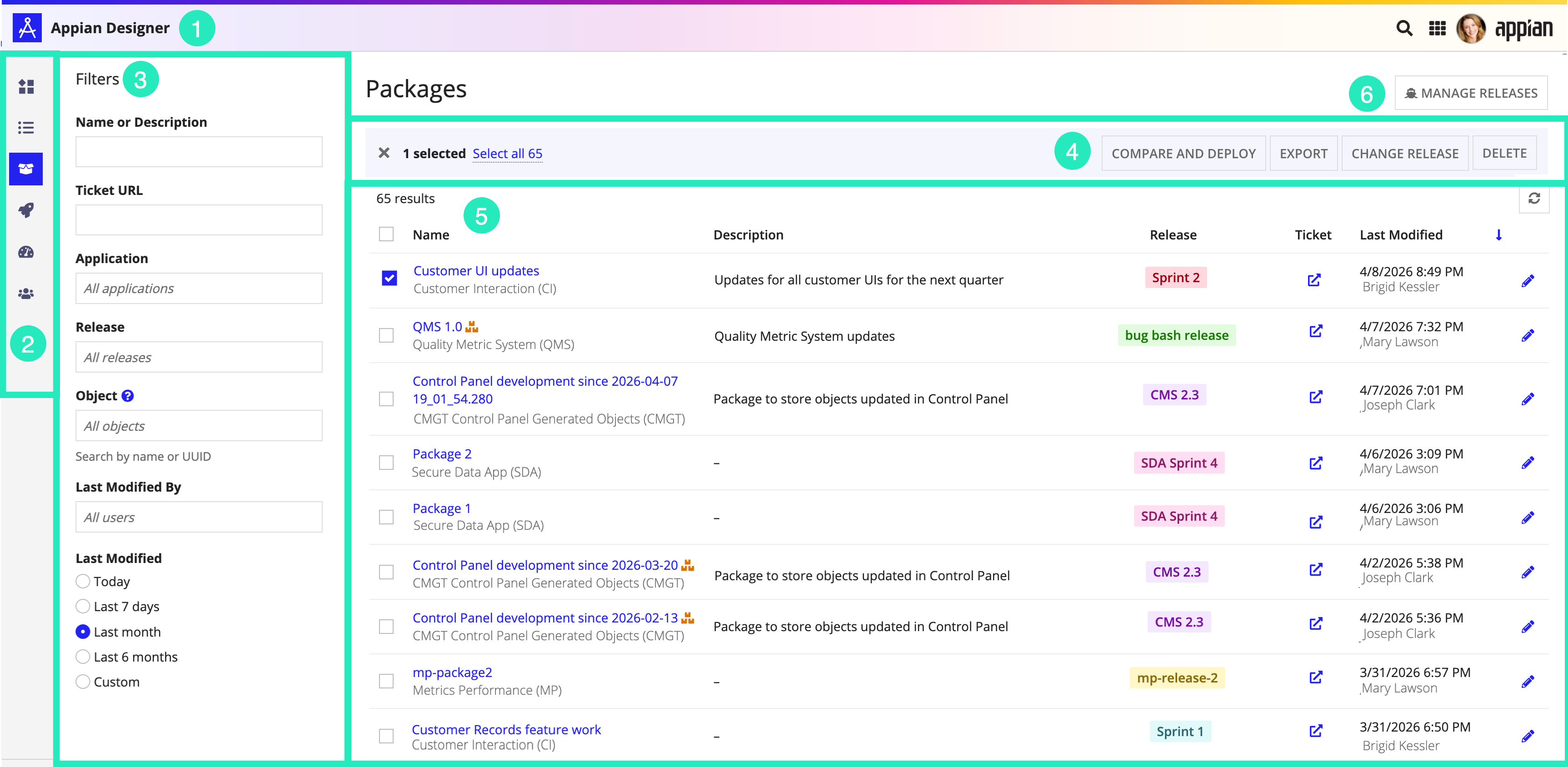 screenshot of the Packages view for an entire environment in Appian Designer