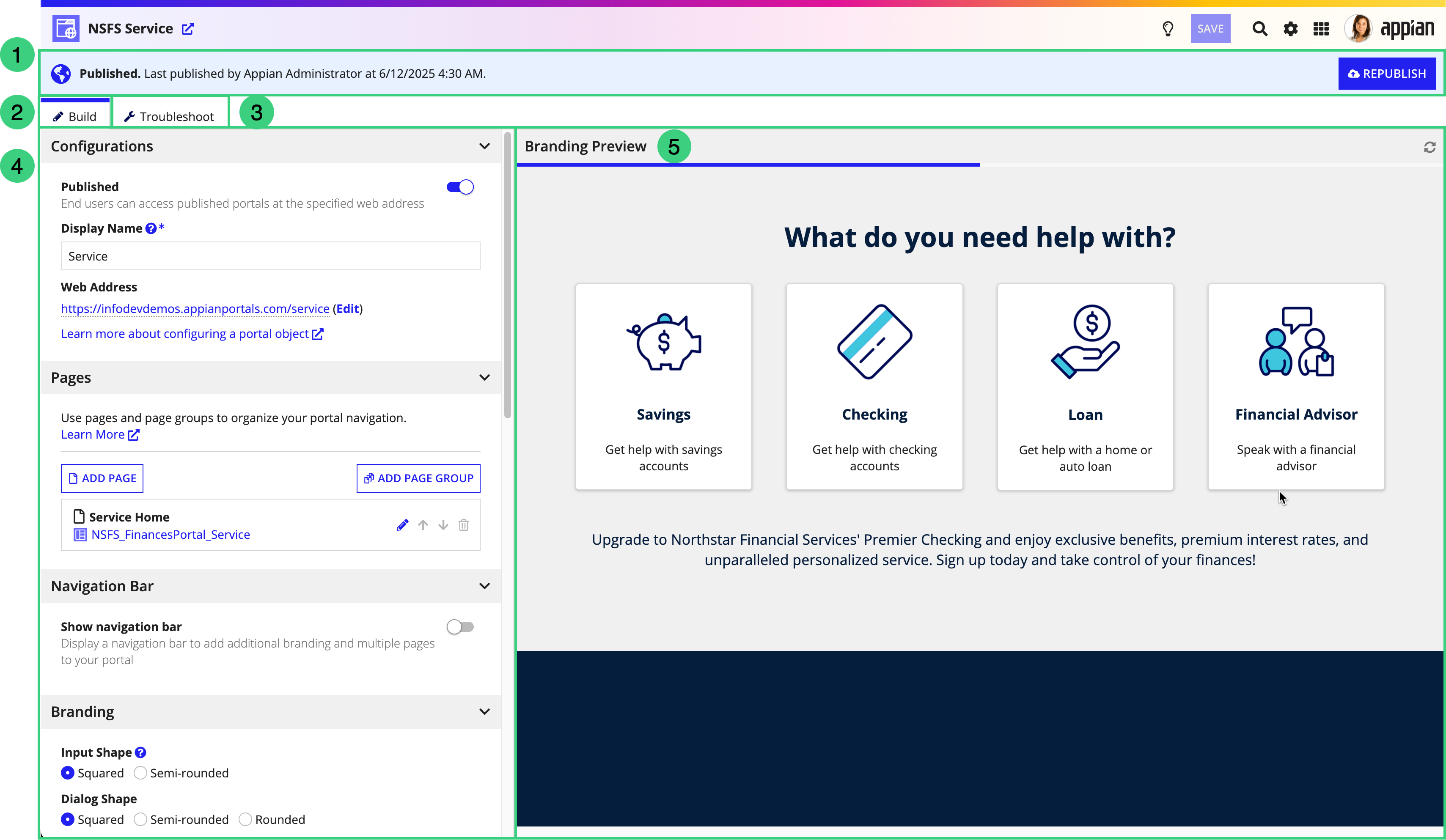 a screenshot of the Build tab in a portal object with numbers to indicate where each section is