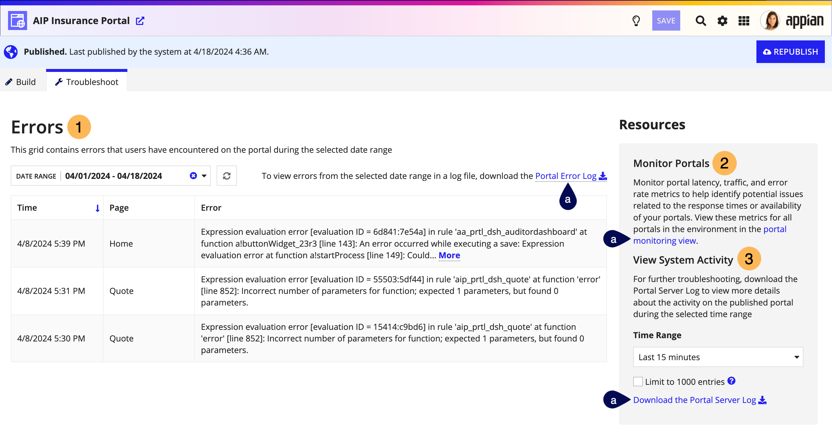 a screenshot of the Troubleshoot tab in a portal object with numbers to indicate where each section is