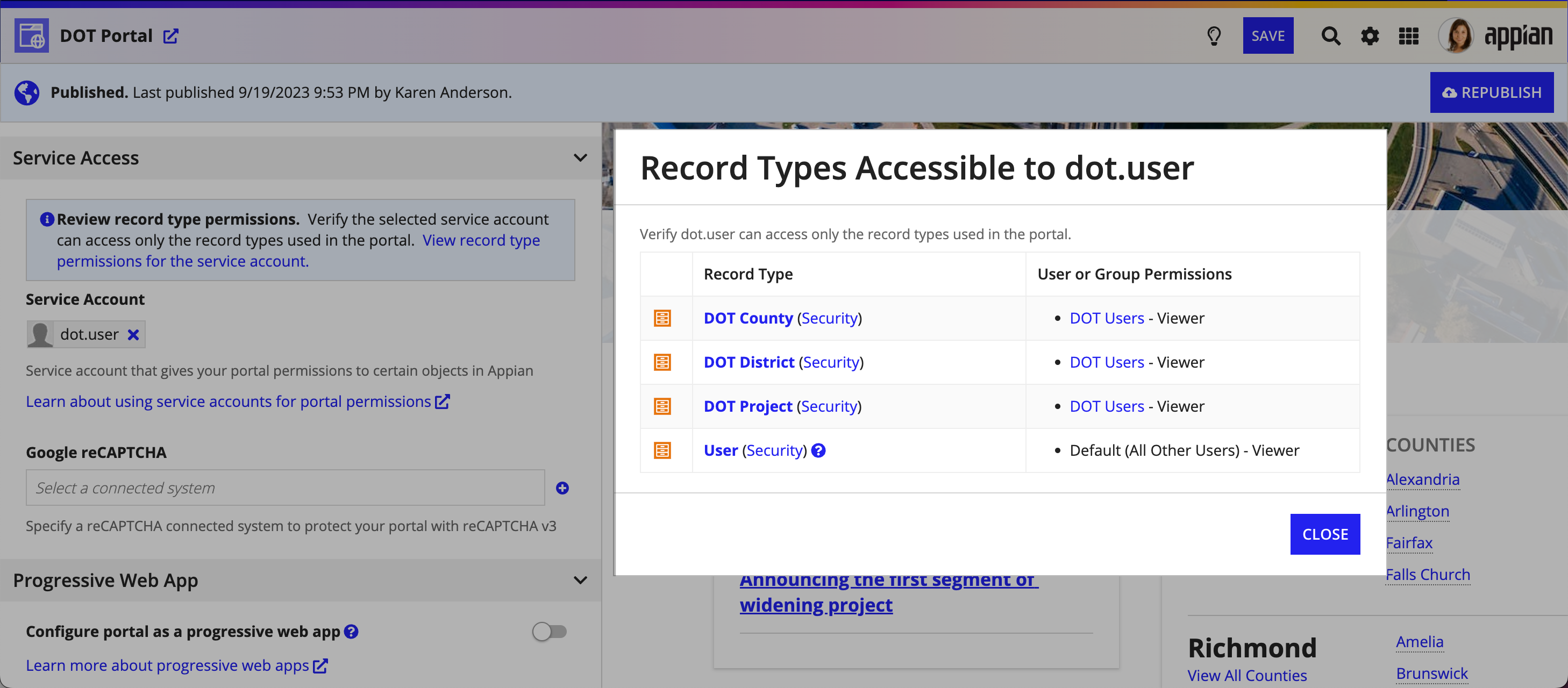 changing record type permissions for a portal service account