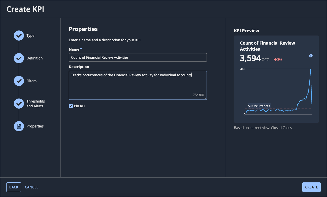 The properties step of the Create KPI dialog