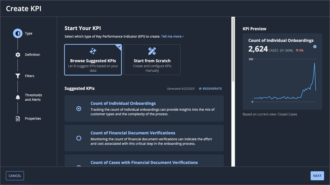 The Type step of the Create KPI dialog