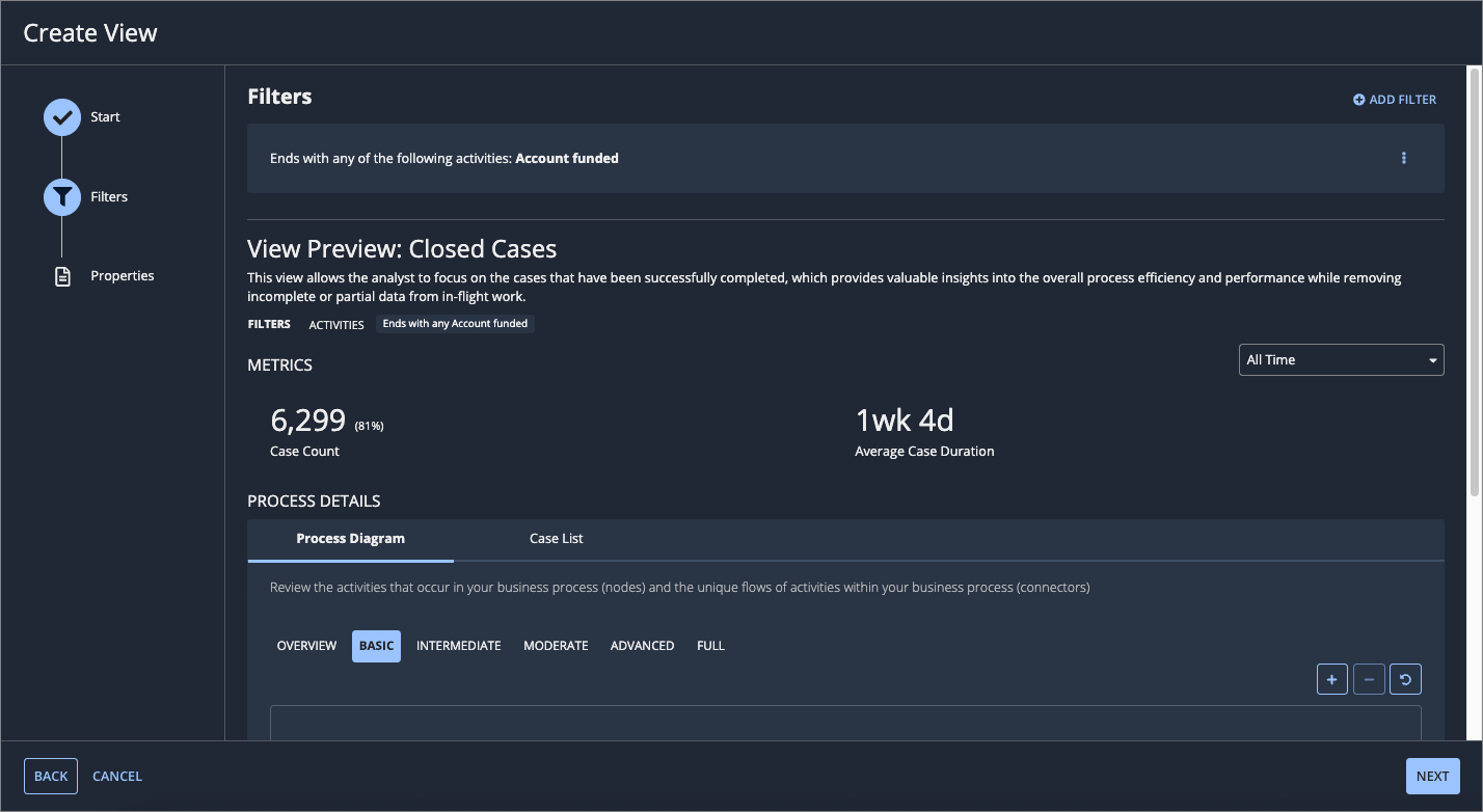 Filters step in the Create View workflow