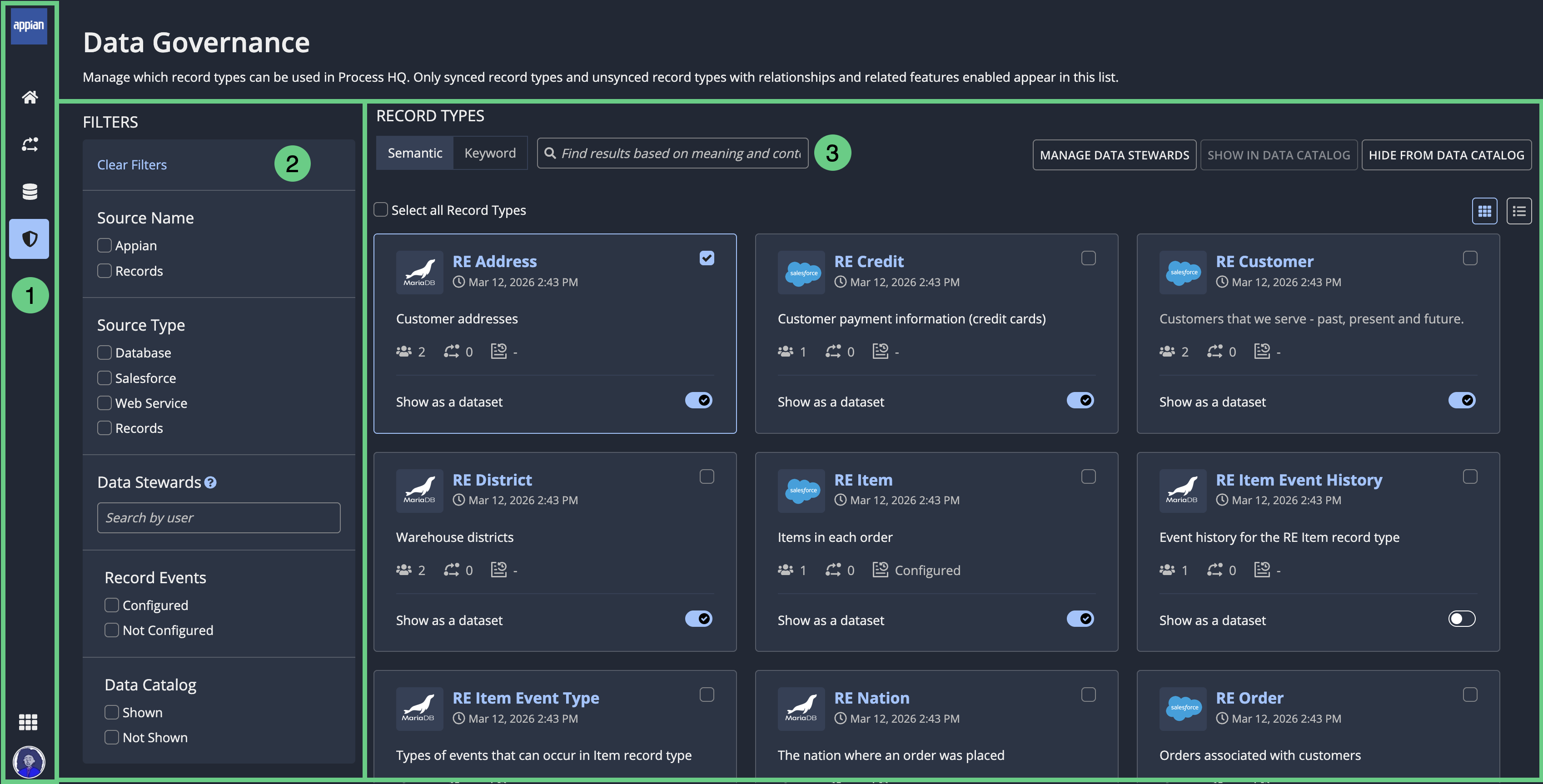 screenshot of the data governance page showing a list of record types and filter options