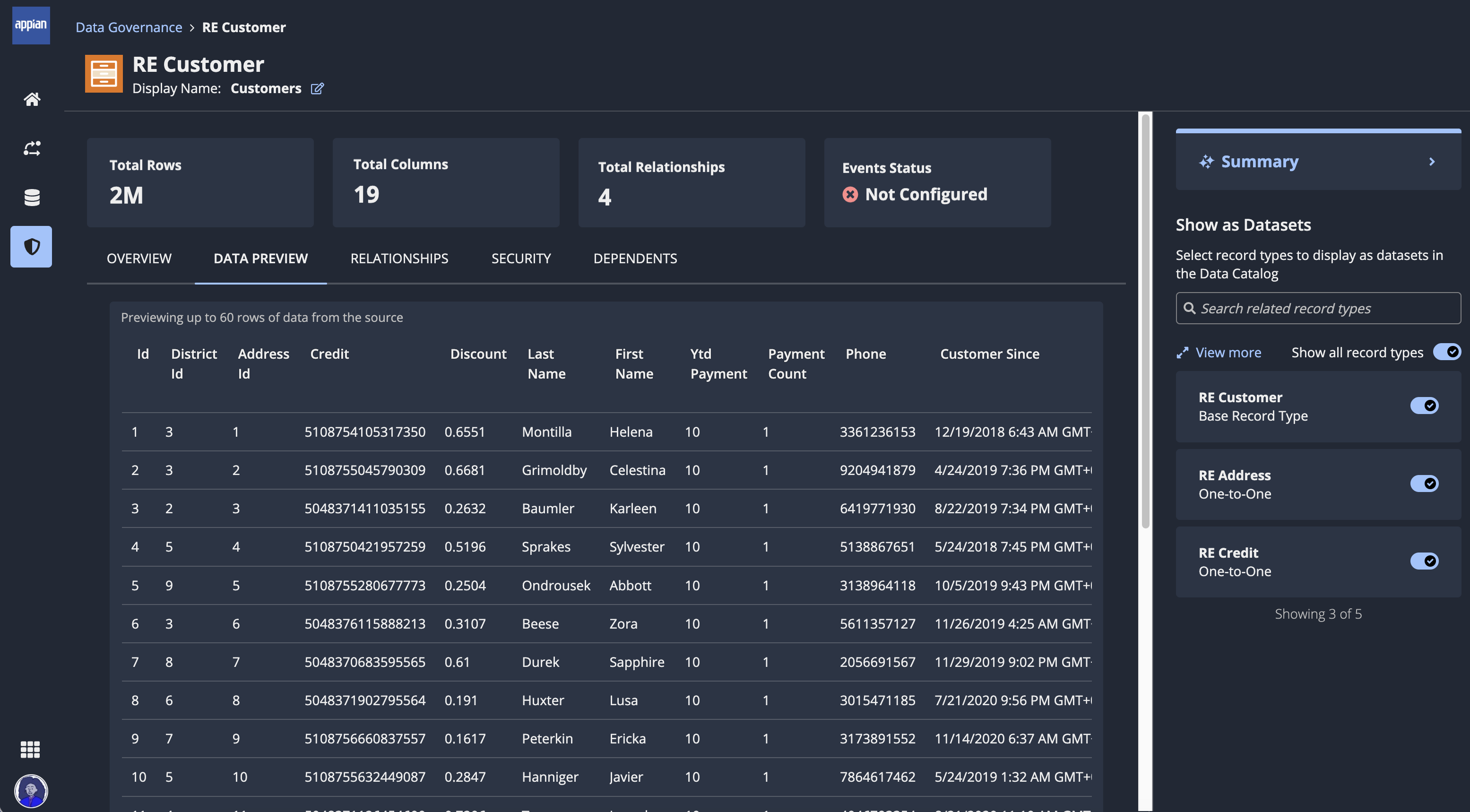 screenshot of the record type details data preview tab showing a preview of record data