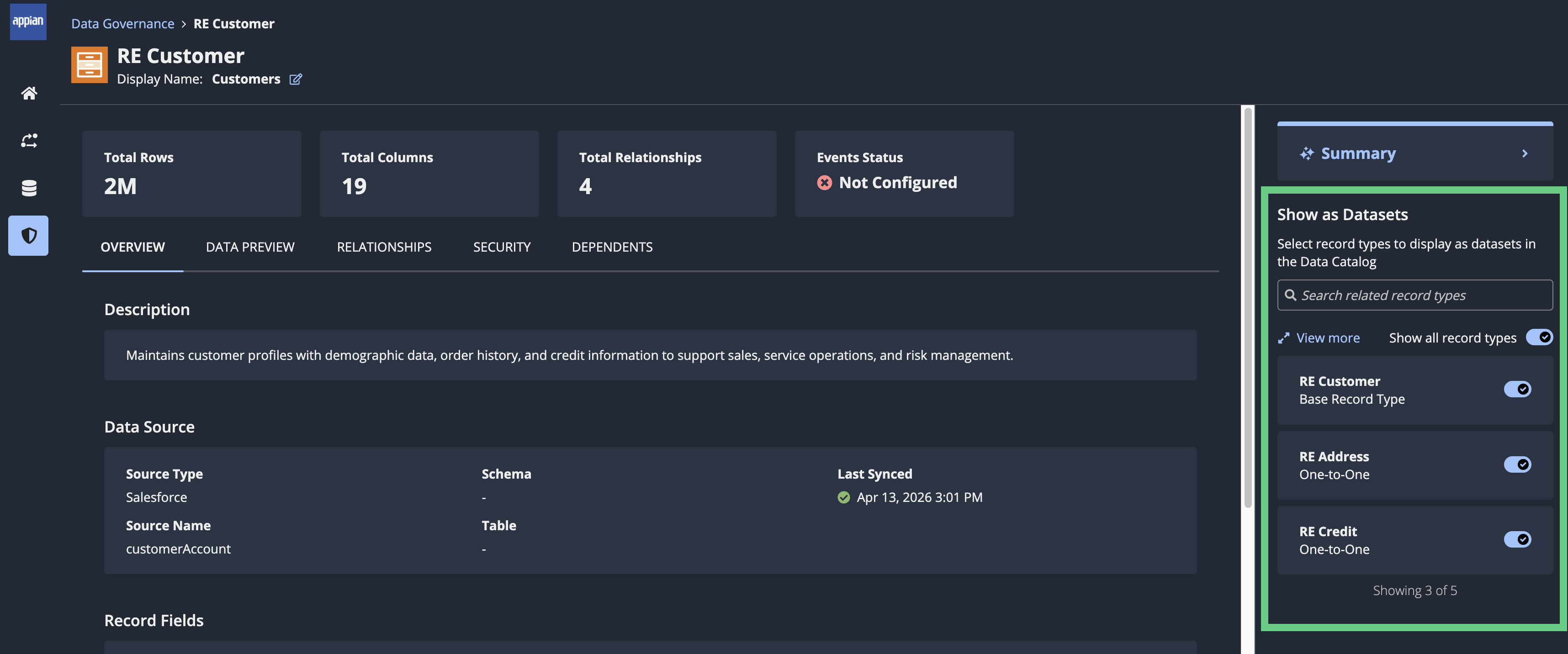 screenshot of the Show as Dataset option