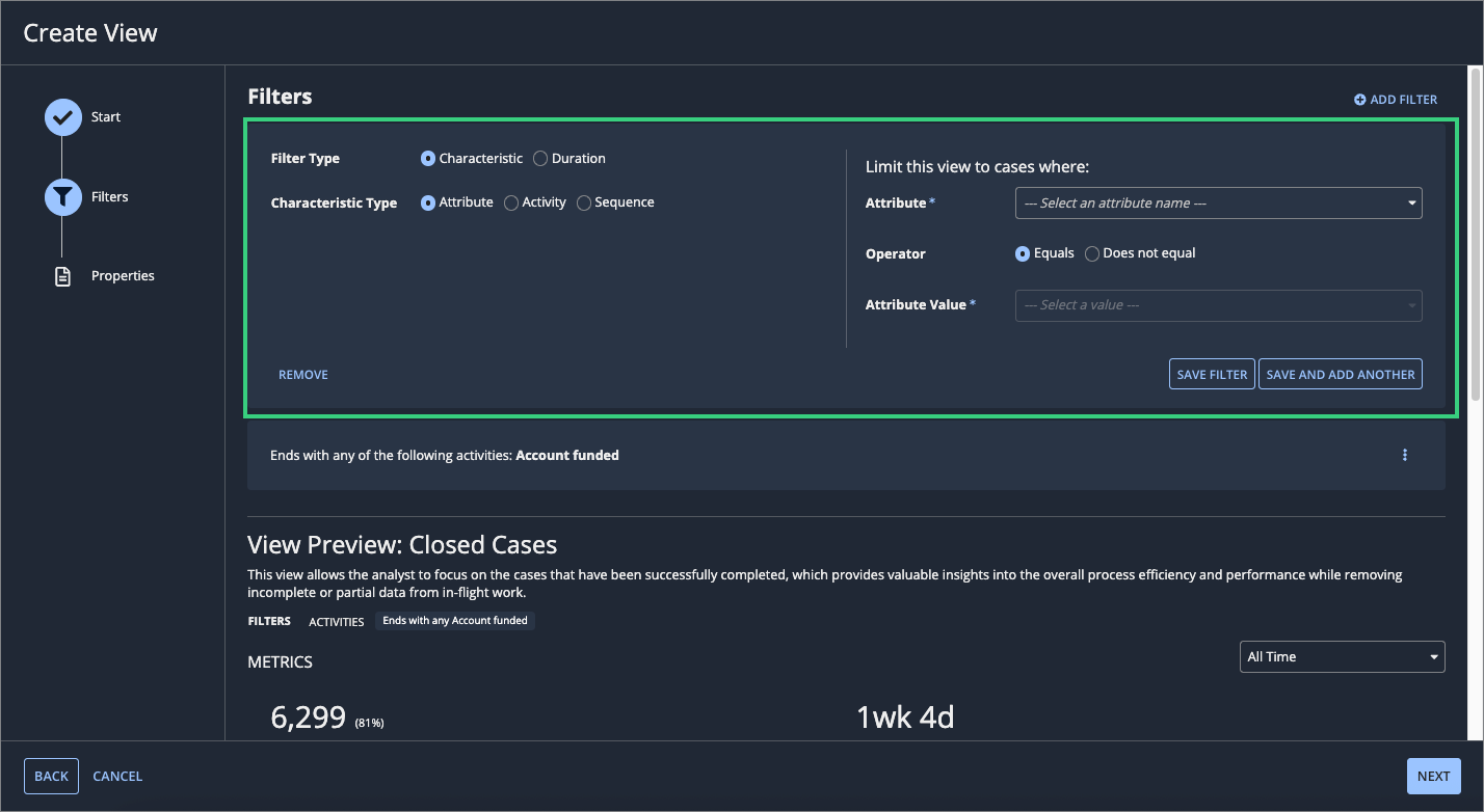 Filter properties pane highlighted on the Filters step in the Create View workflow