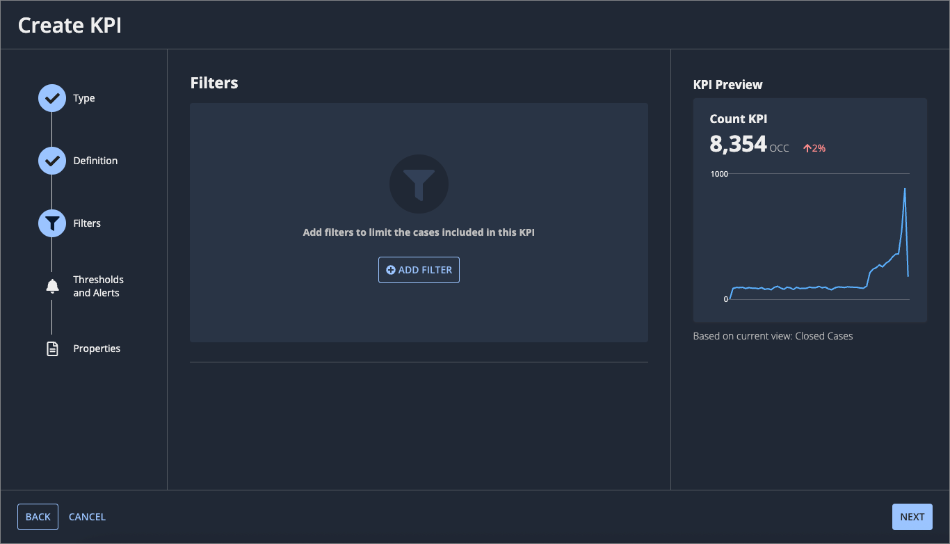 The Filters step of the Create KPI dialog