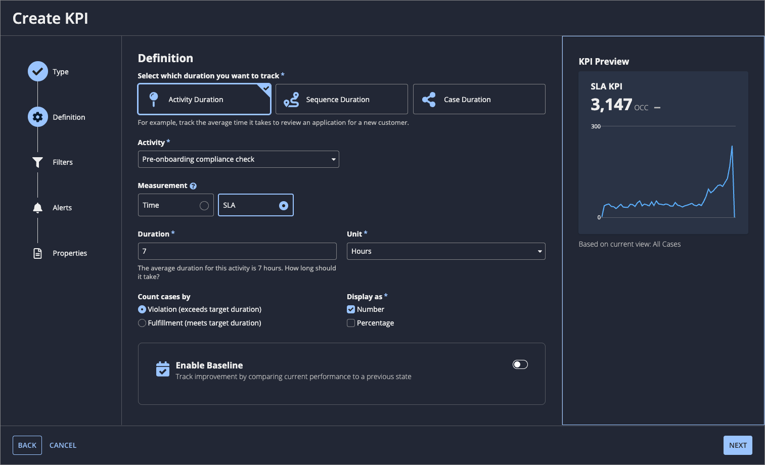 The SLA KPI definition step in the Create KPI dialog
