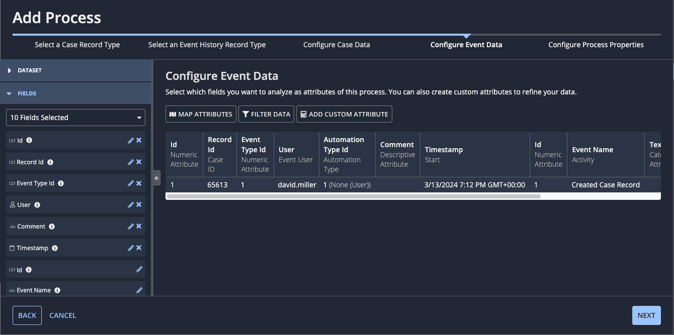  configure event data page showing selected fields and a preview of process data