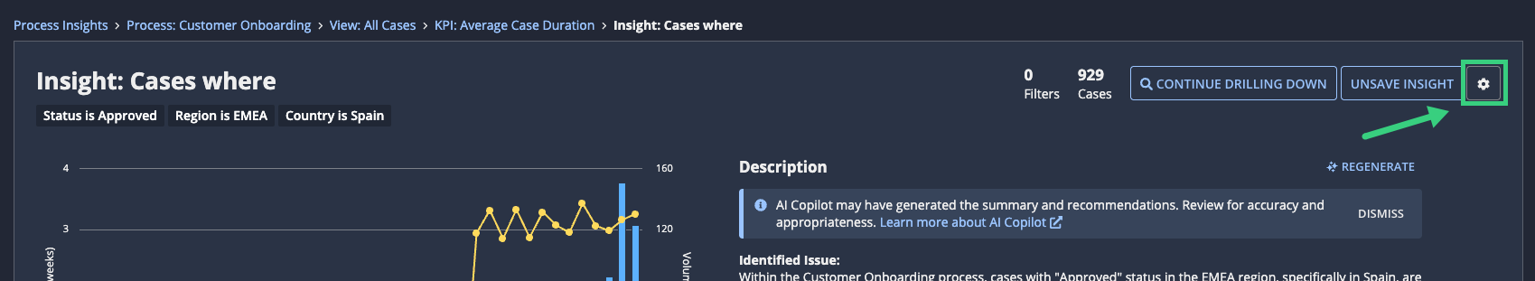 A saved insight in a view with the gear button highlighted