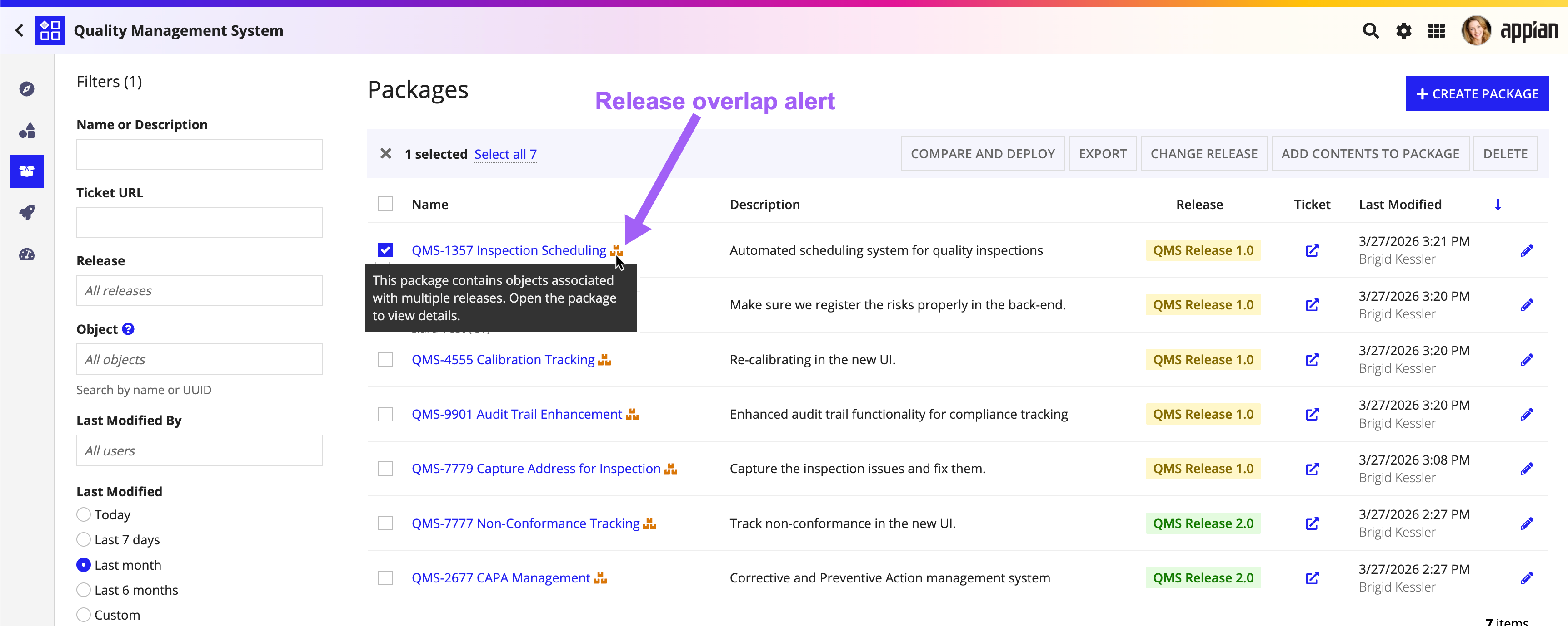 Shows the release overlap alert on the Packages view within an application