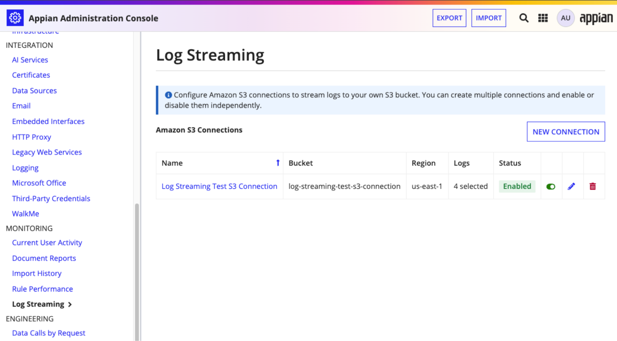 The Log Streaming page of the Appian Administration Console. The Log Streaming page has a connection to Amazon S3.