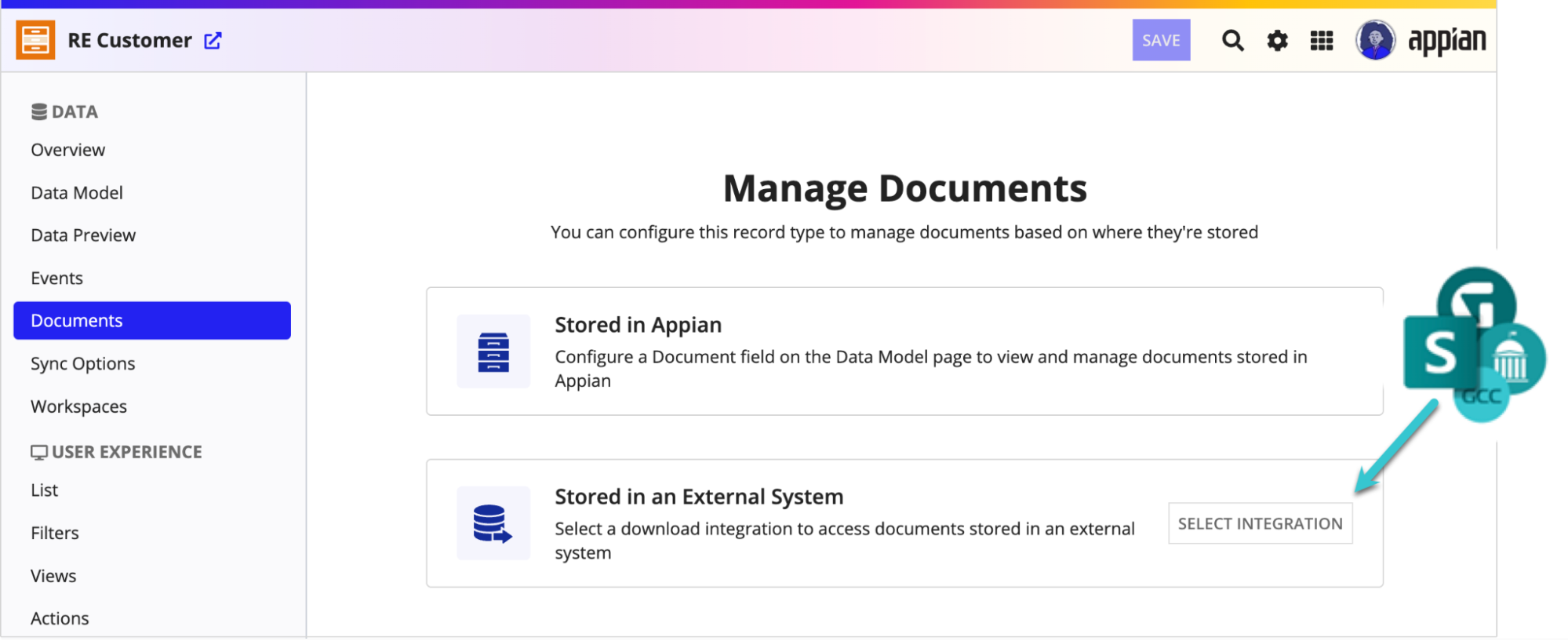 The Document page in the record type, where an icon of the SharePoint GCC Connected System plug-in is used to manage documents from that system.